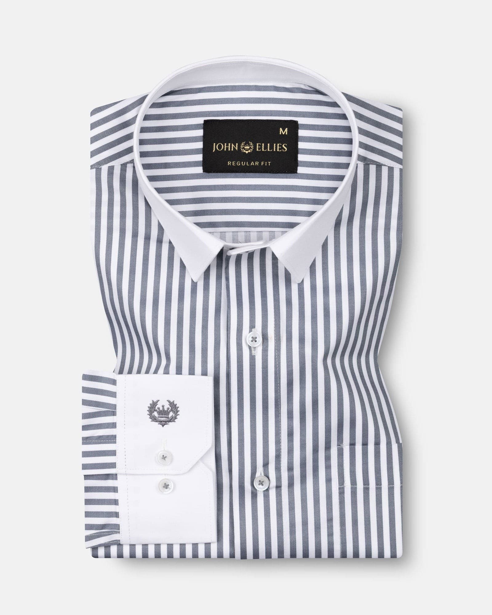 Cadenc Grey White Cuff Collar Cotton Stripes Shirt