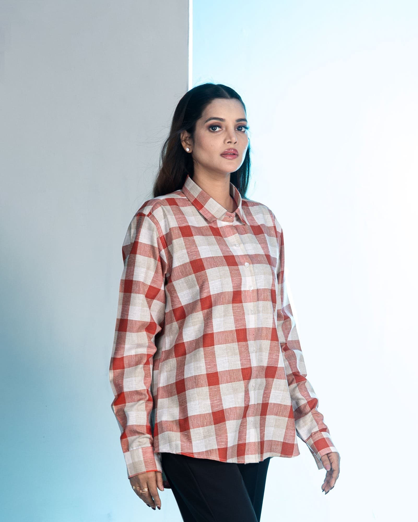 Elan Orange Check Linen Women Shirt