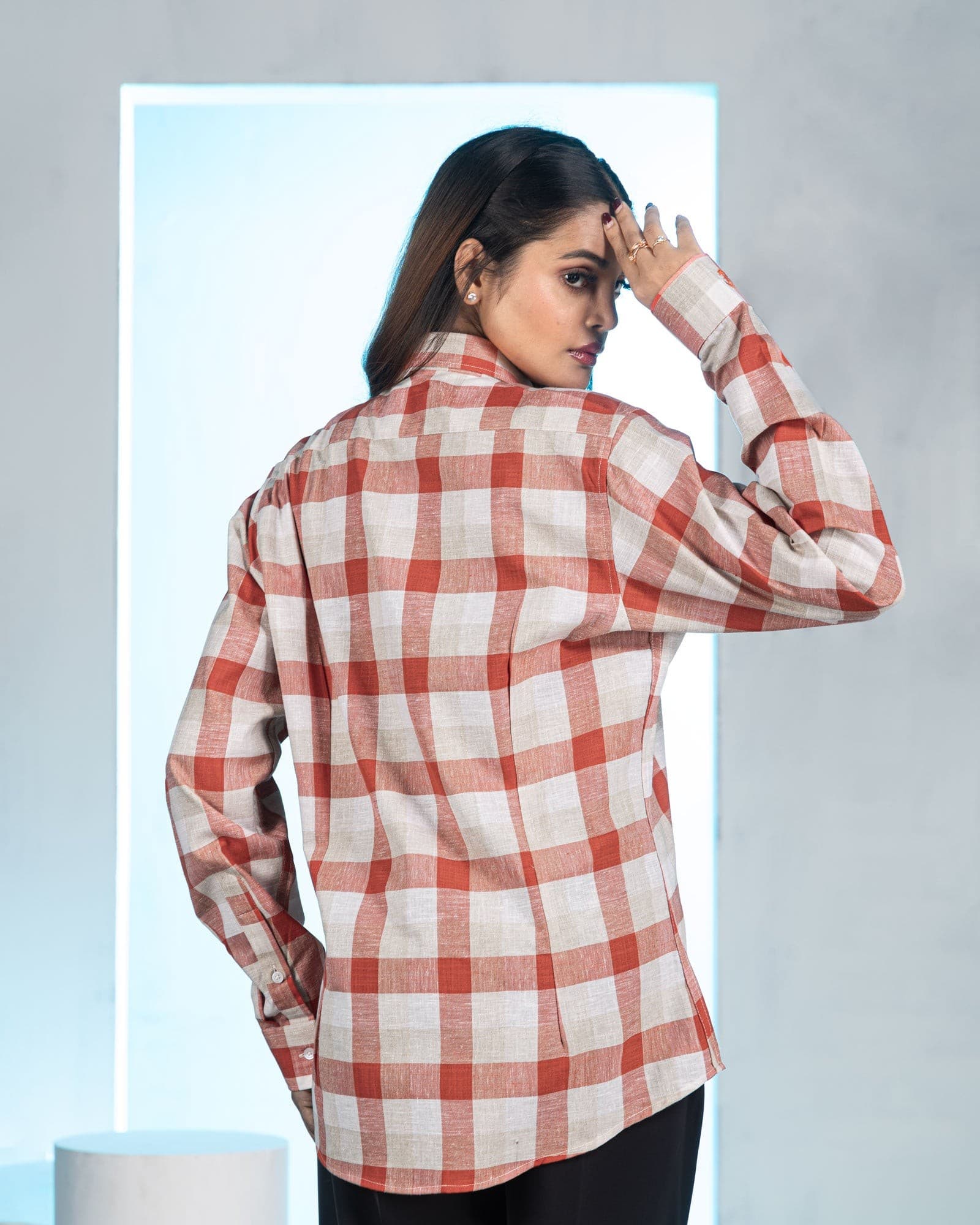 Elan Orange Check Linen Women Shirt