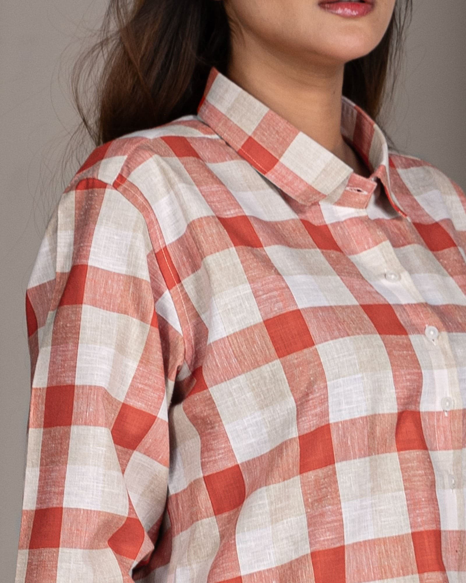 Elan Orange Check Linen Women Shirt