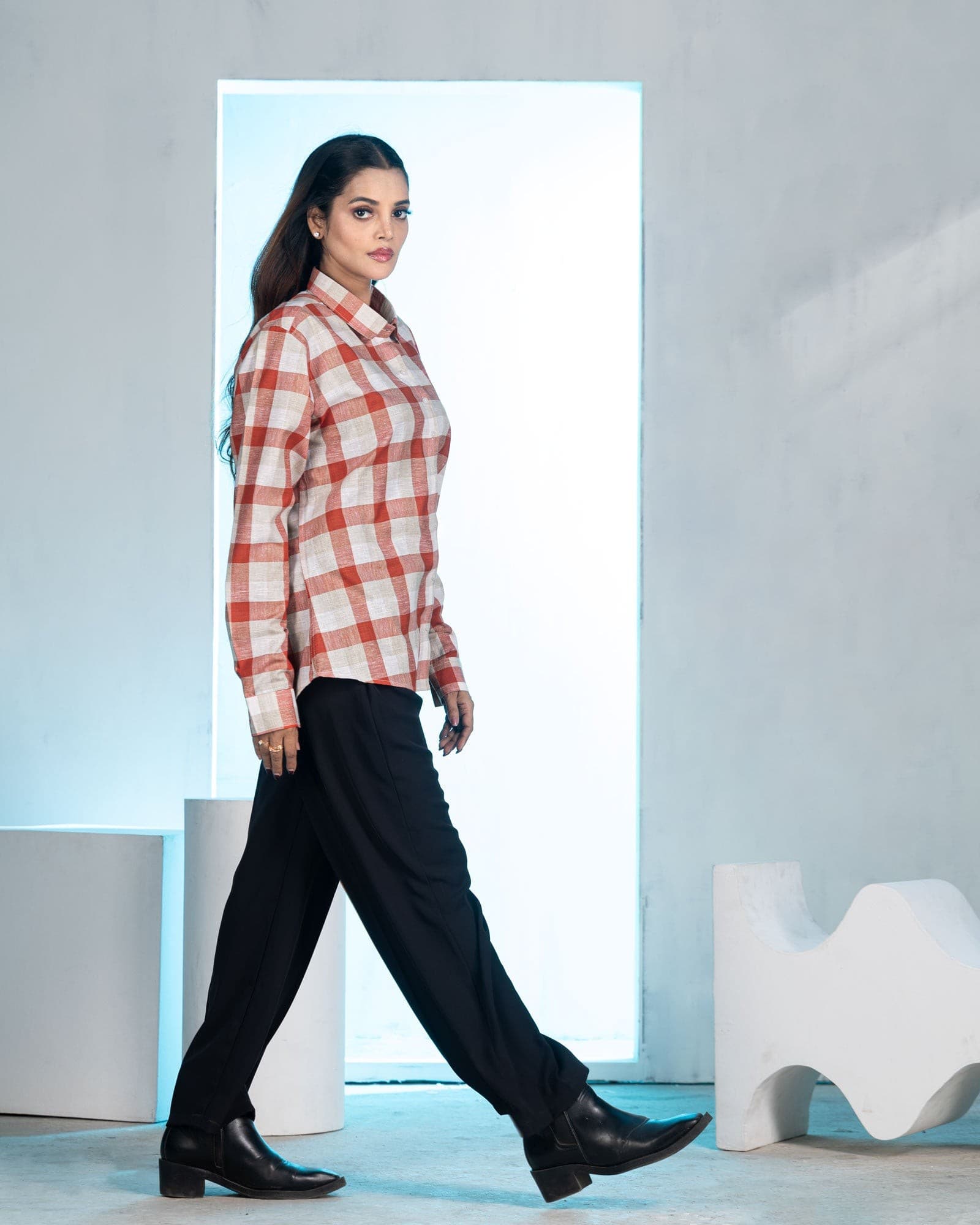 Elan Orange Check Linen Women Shirt
