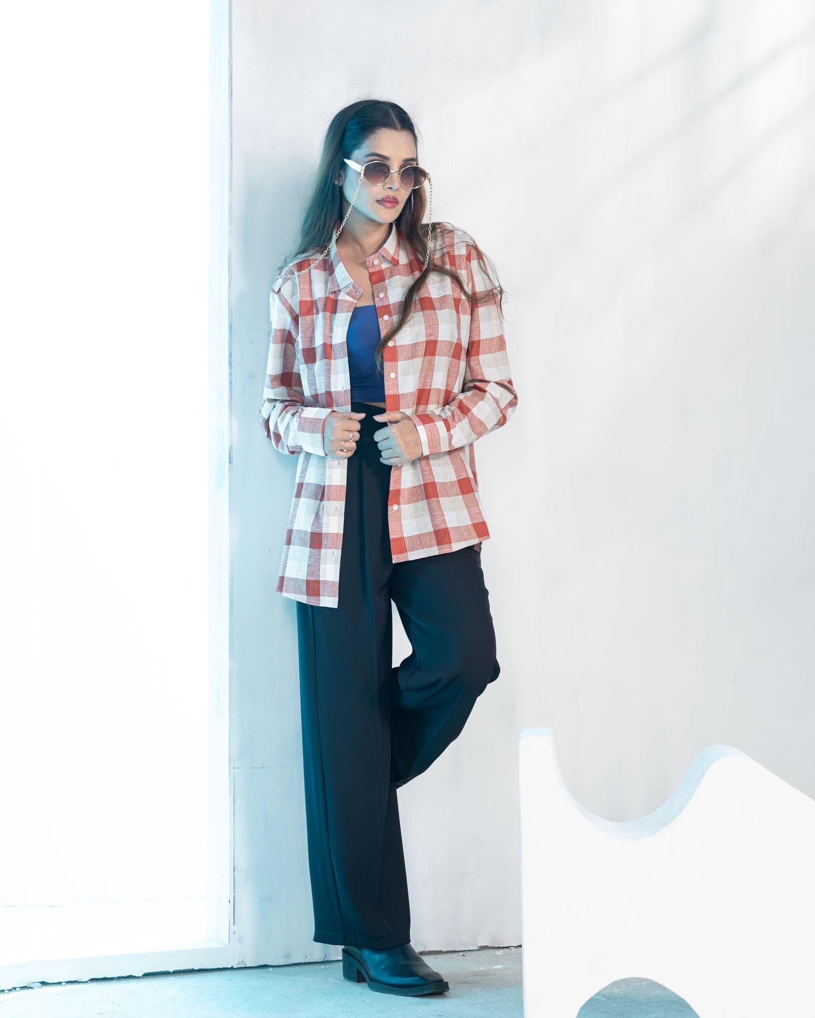 Elan Orange Check Linen Women Shirt