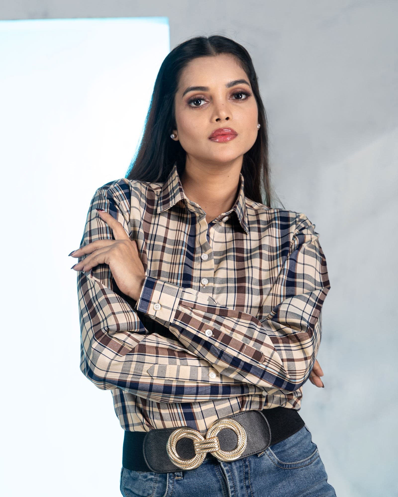 Elan Navy Blue Check Cotton Women Shirt