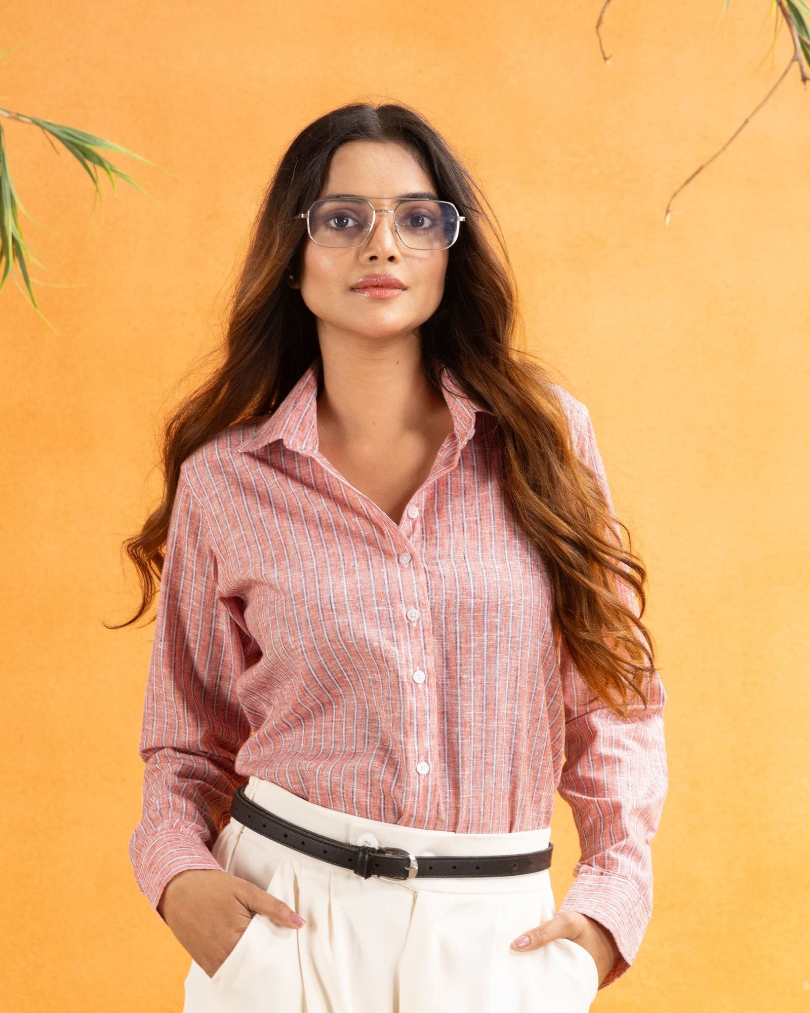 Bloom Orange Stripes Linen Women Shirt