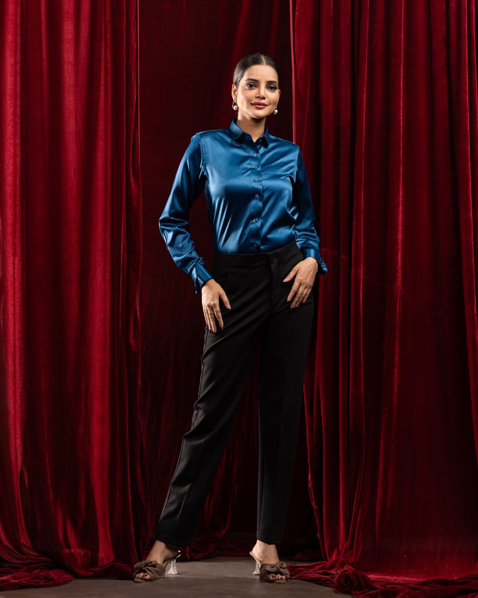 Silhouette Teal Plain Satin Women Shirt