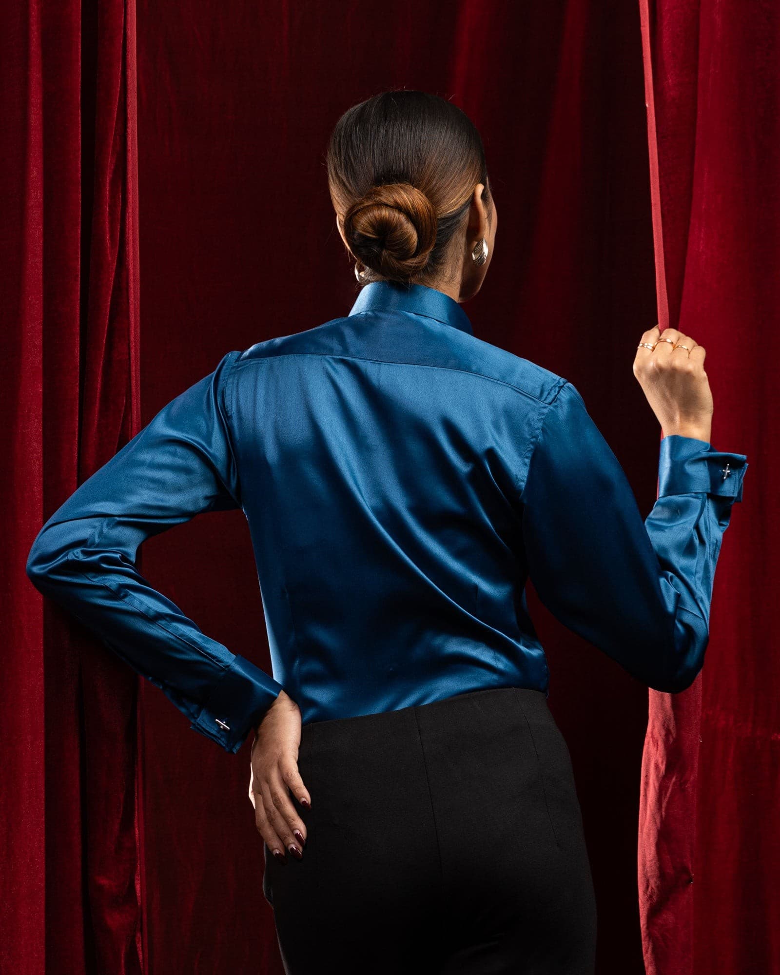 Silhouette Teal Plain Satin Women Shirt