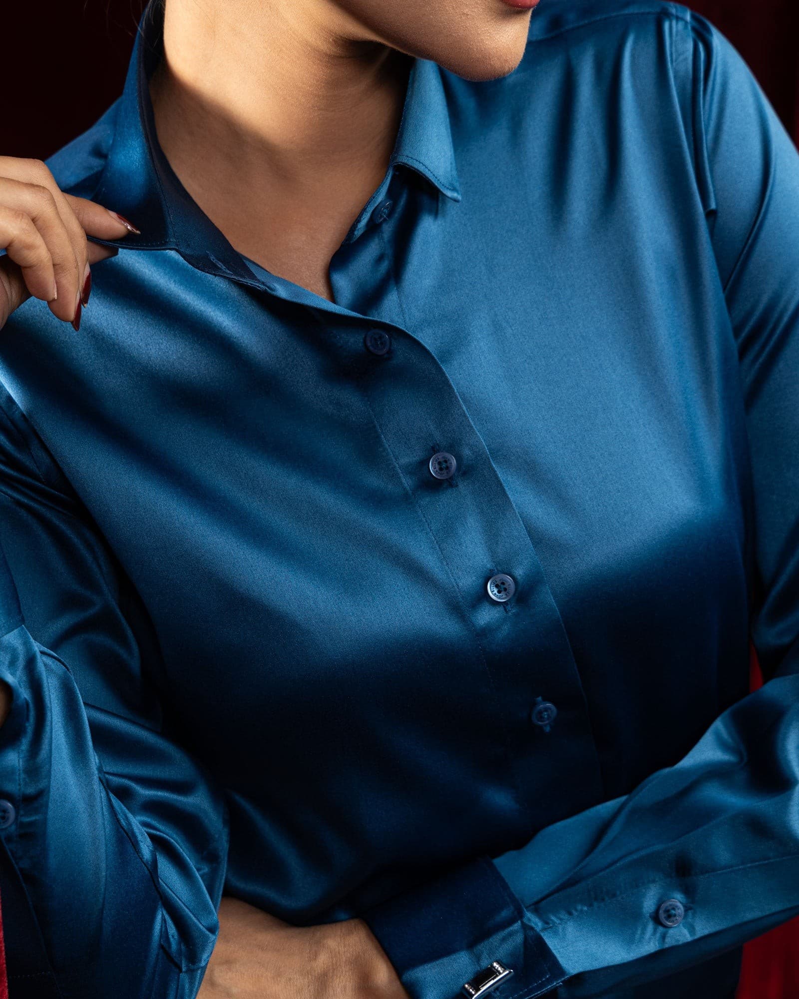 Silhouette Teal Plain Satin Women Shirt