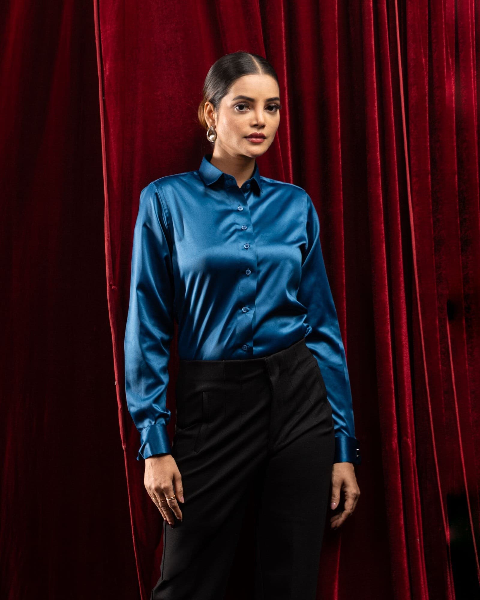 Silhouette Teal Plain Satin Women Shirt