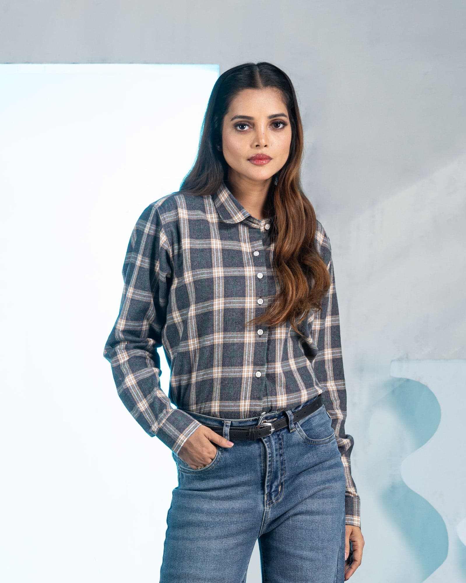 Elan Grey Check Cotton Women Shirt