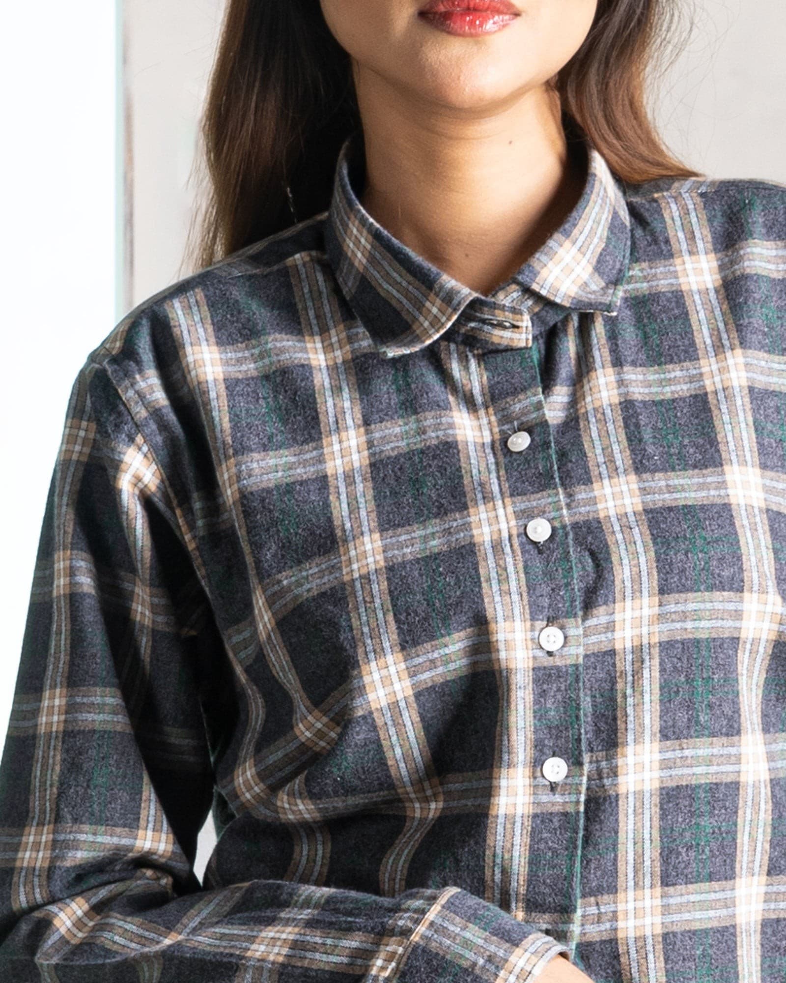 Elan Grey Check Cotton Women Shirt