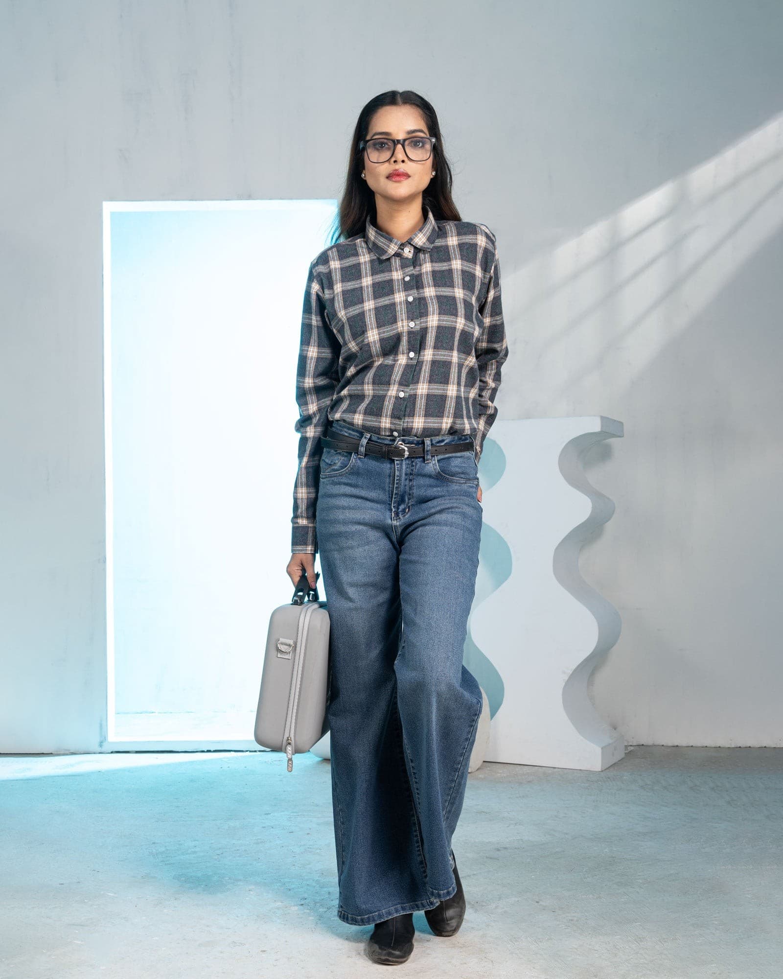 Elan Grey Check Cotton Women Shirt