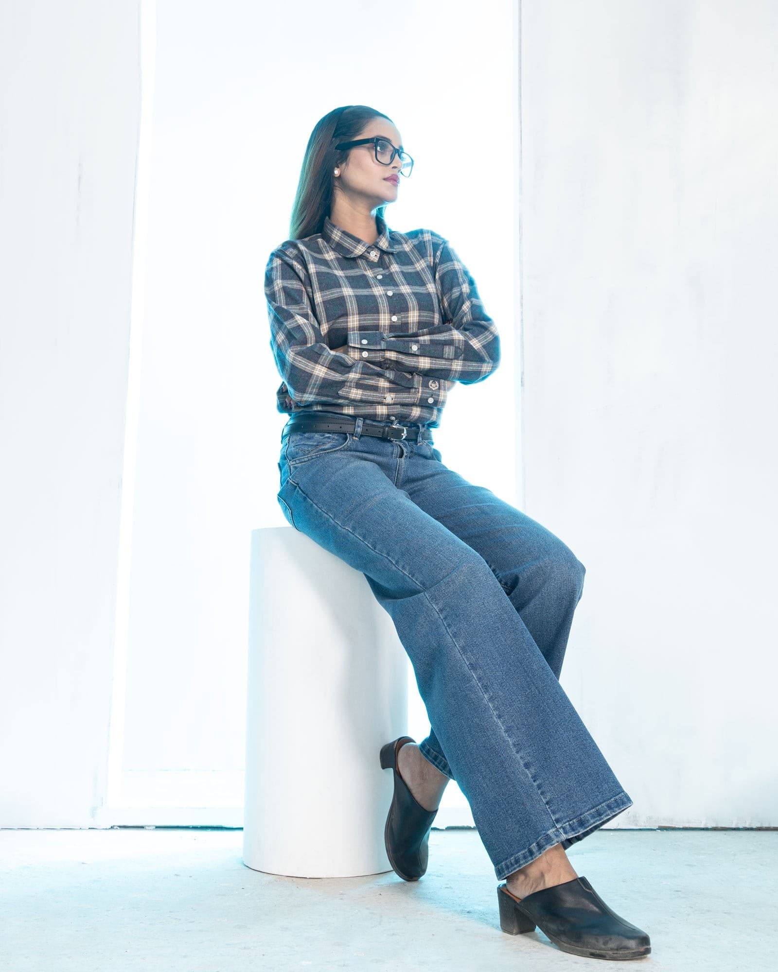 Elan Grey Check Cotton Women Shirt