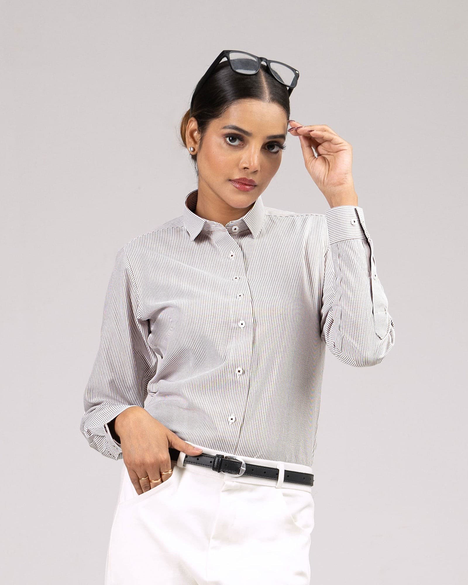 Strata Brown Stripes Oxford Cotton Women Shirt