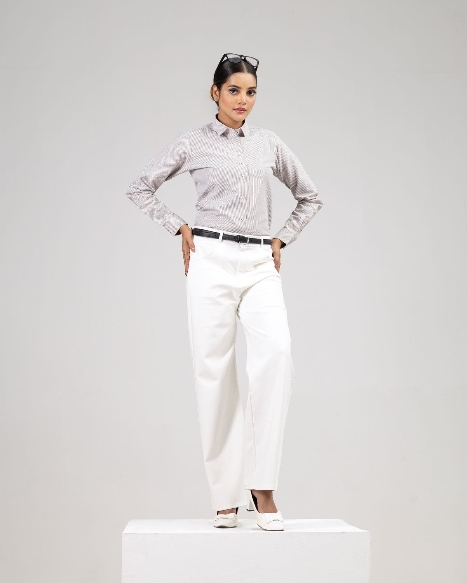 Strata Brown Stripes Oxford Cotton Women Shirt