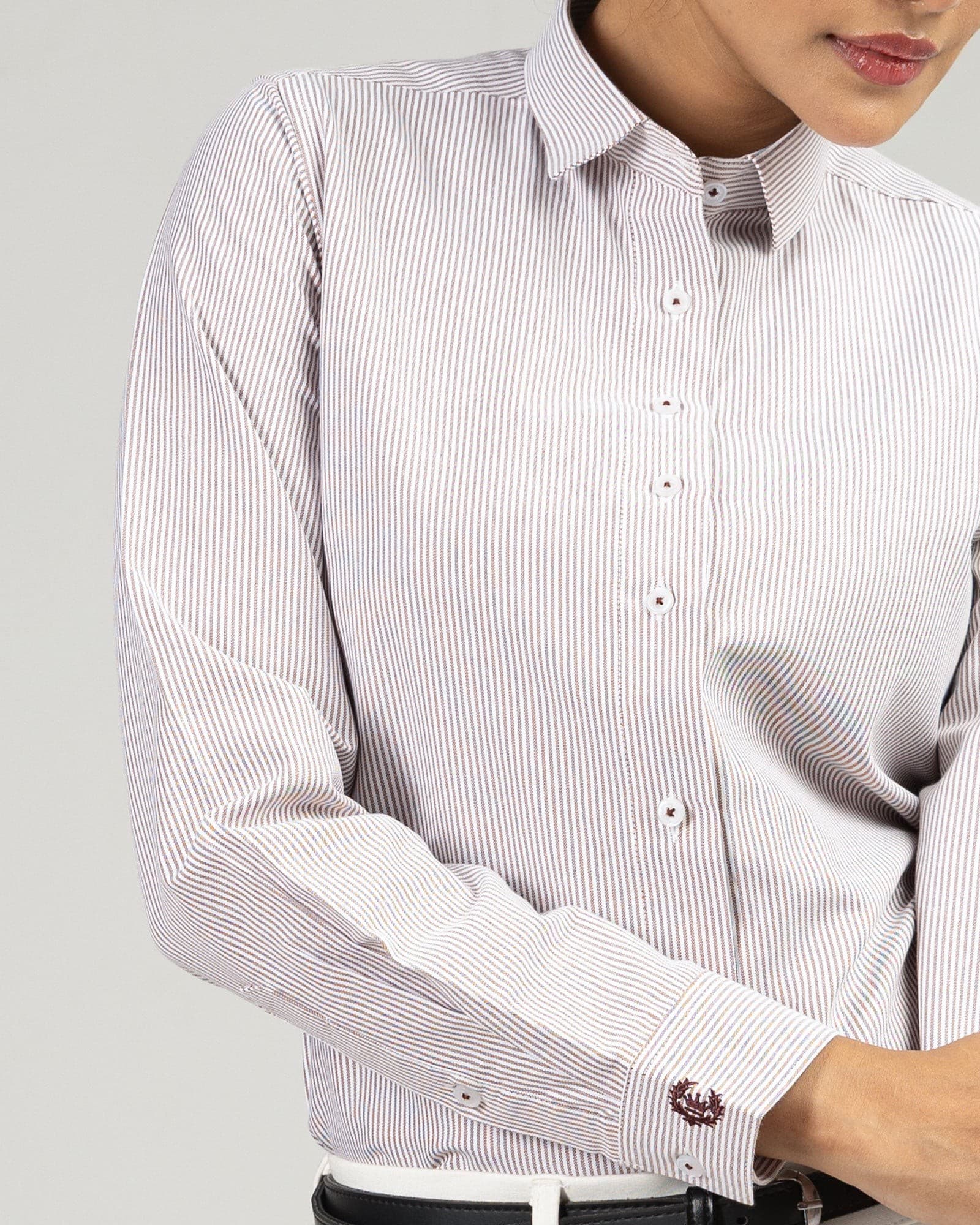 Strata Brown Stripes Oxford Cotton Women Shirt