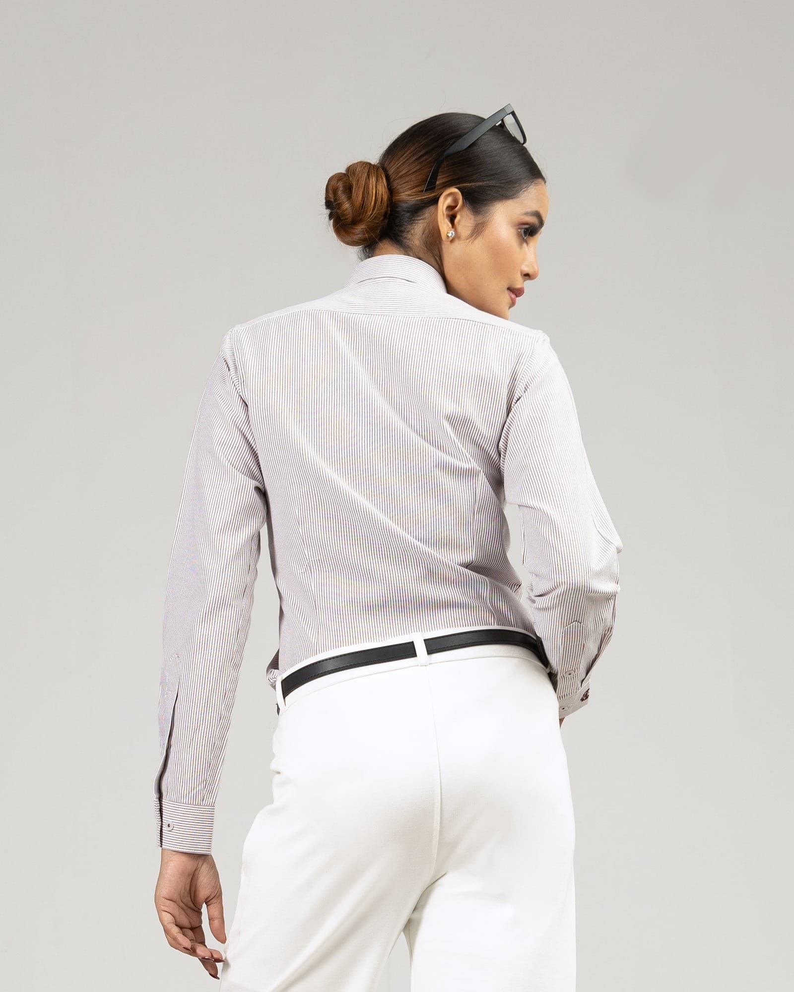 Strata Brown Stripes Oxford Cotton Women Shirt
