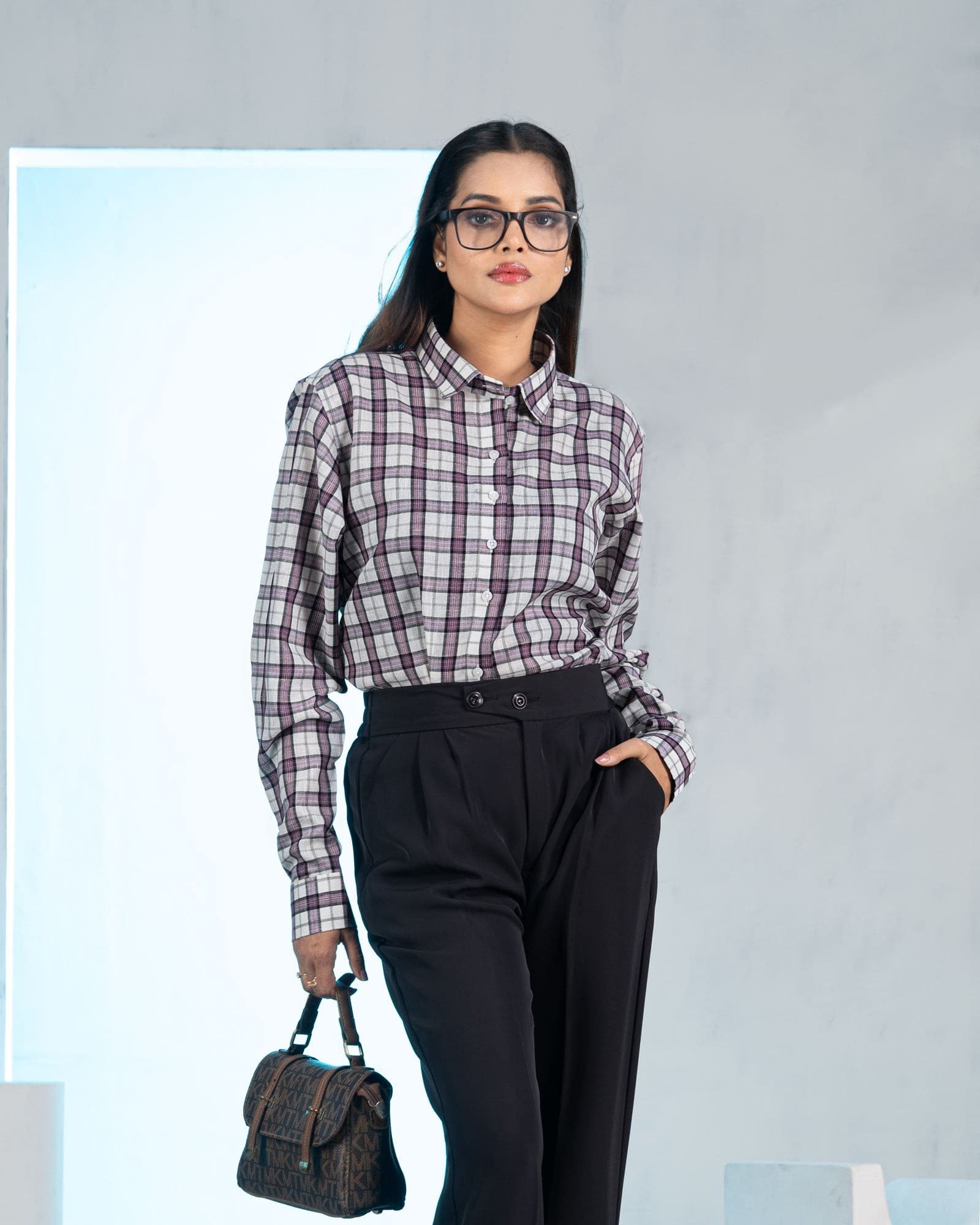 Elan Purple Check Linen Women Shirt