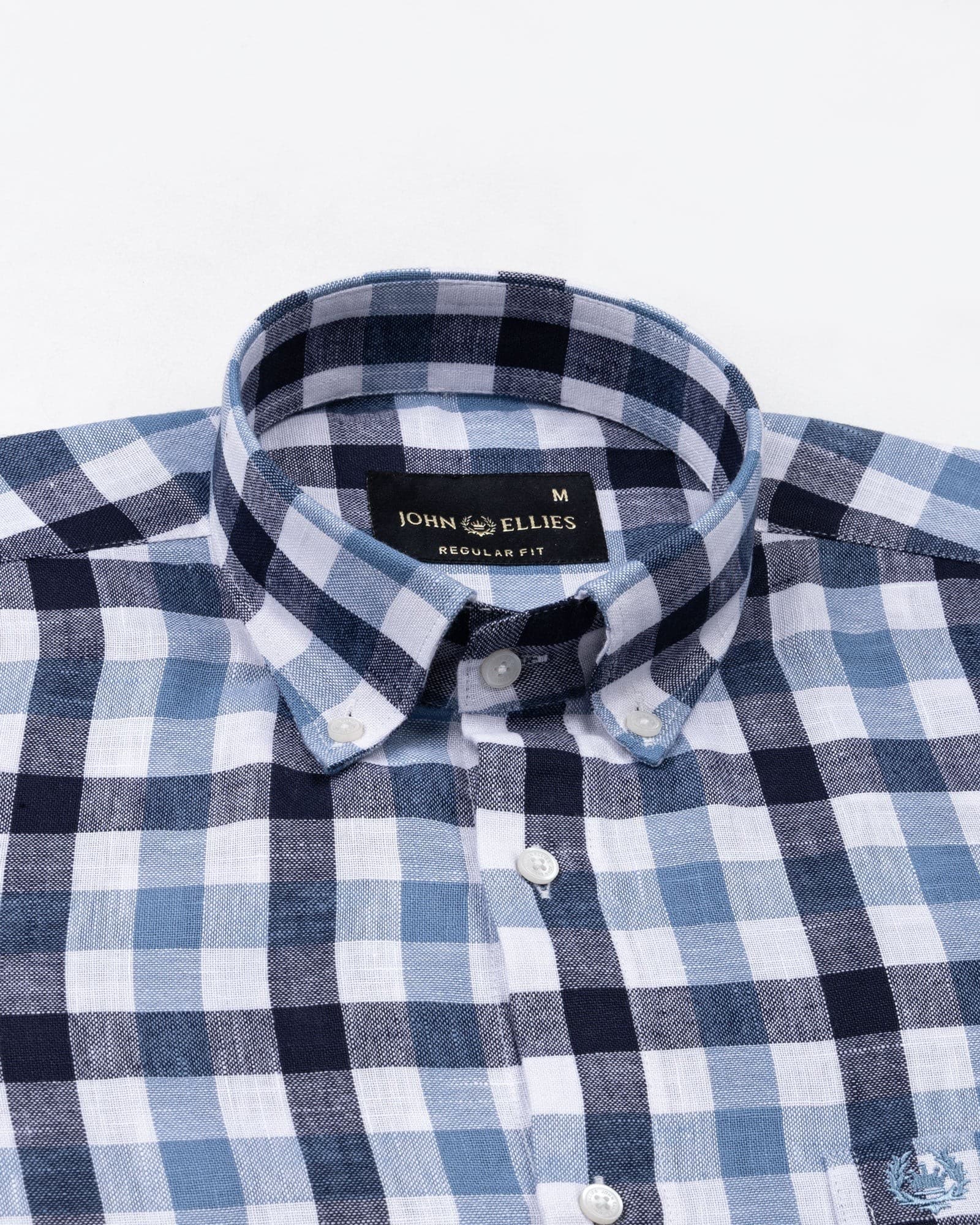Qevan Navy Blue Check Button Down Linen Shirt