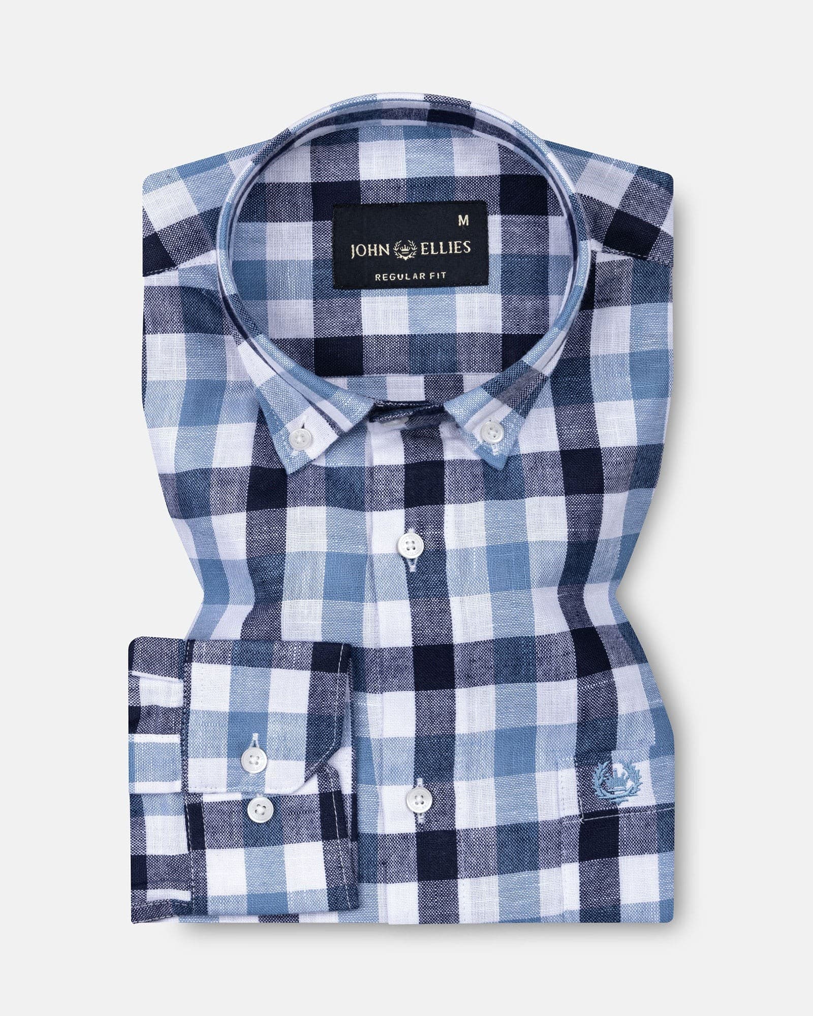Qevan Navy Blue Check Button Down Linen Shirt