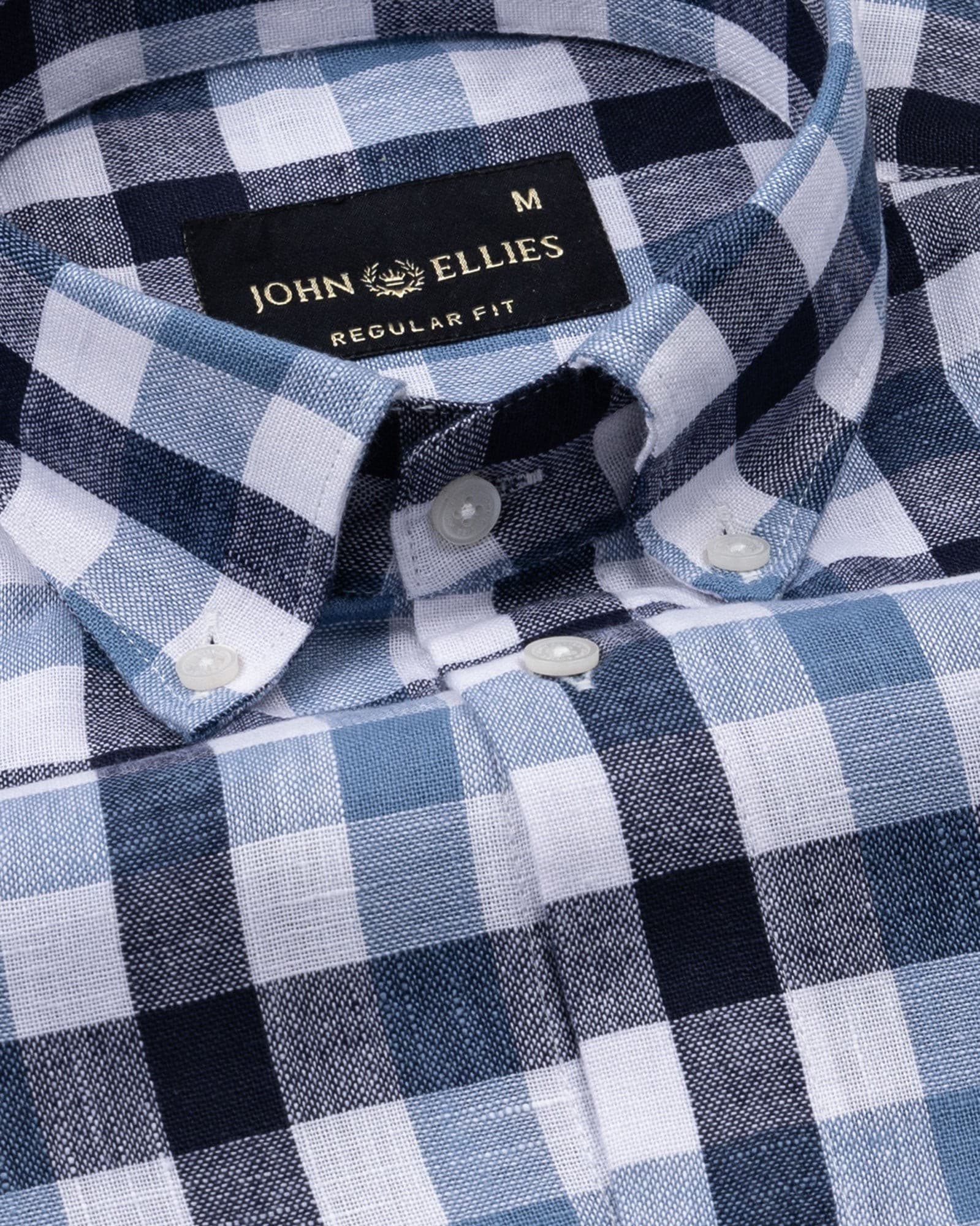 Qevan Navy Blue Check Button Down Linen Shirt