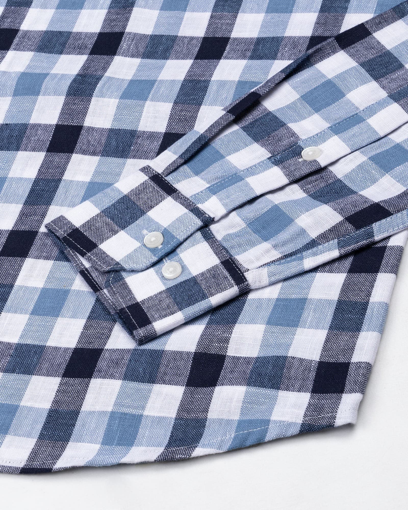 Qevan Navy Blue Check Button Down Linen Shirt