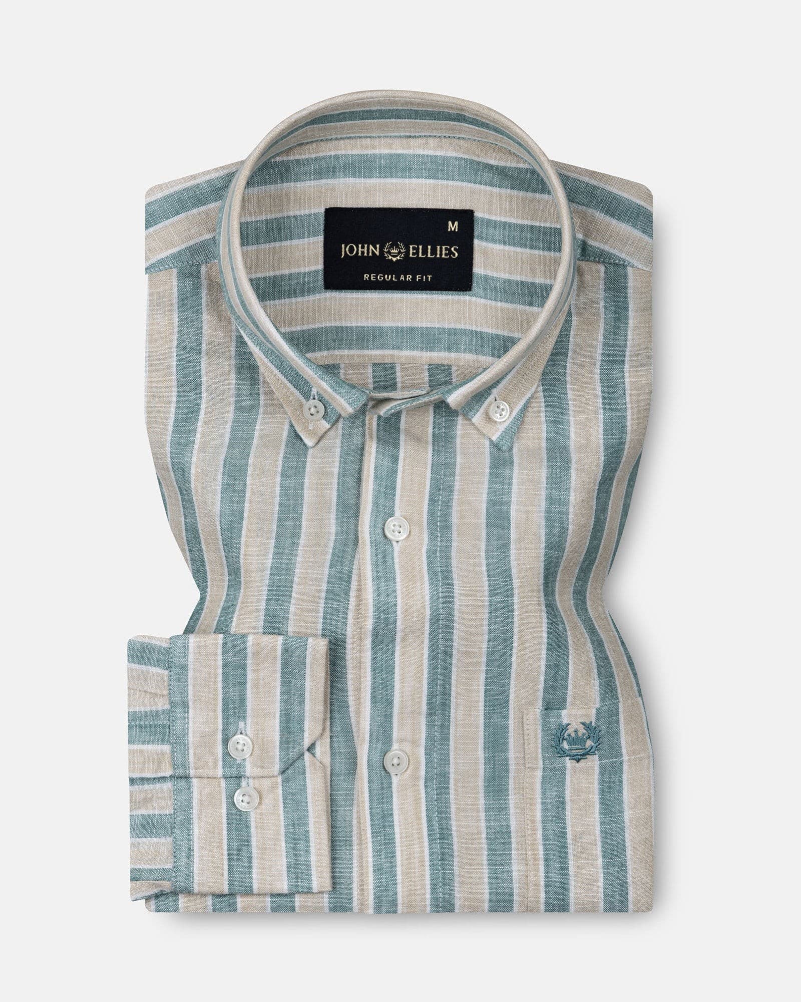 Qevan Green Stripe Button Down Linen Shirt