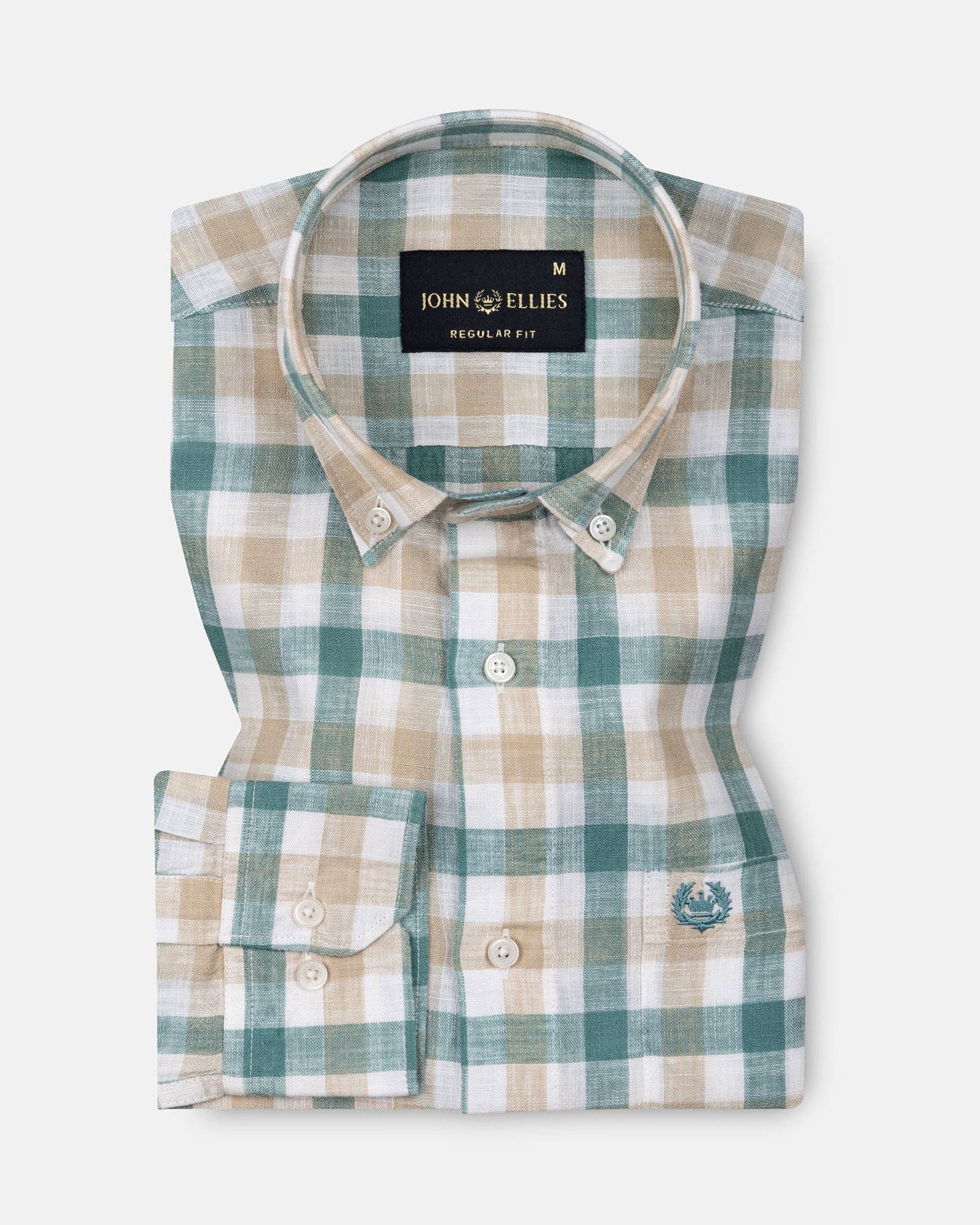 Qevan Beige And Green Check Button Down Linen Shirt