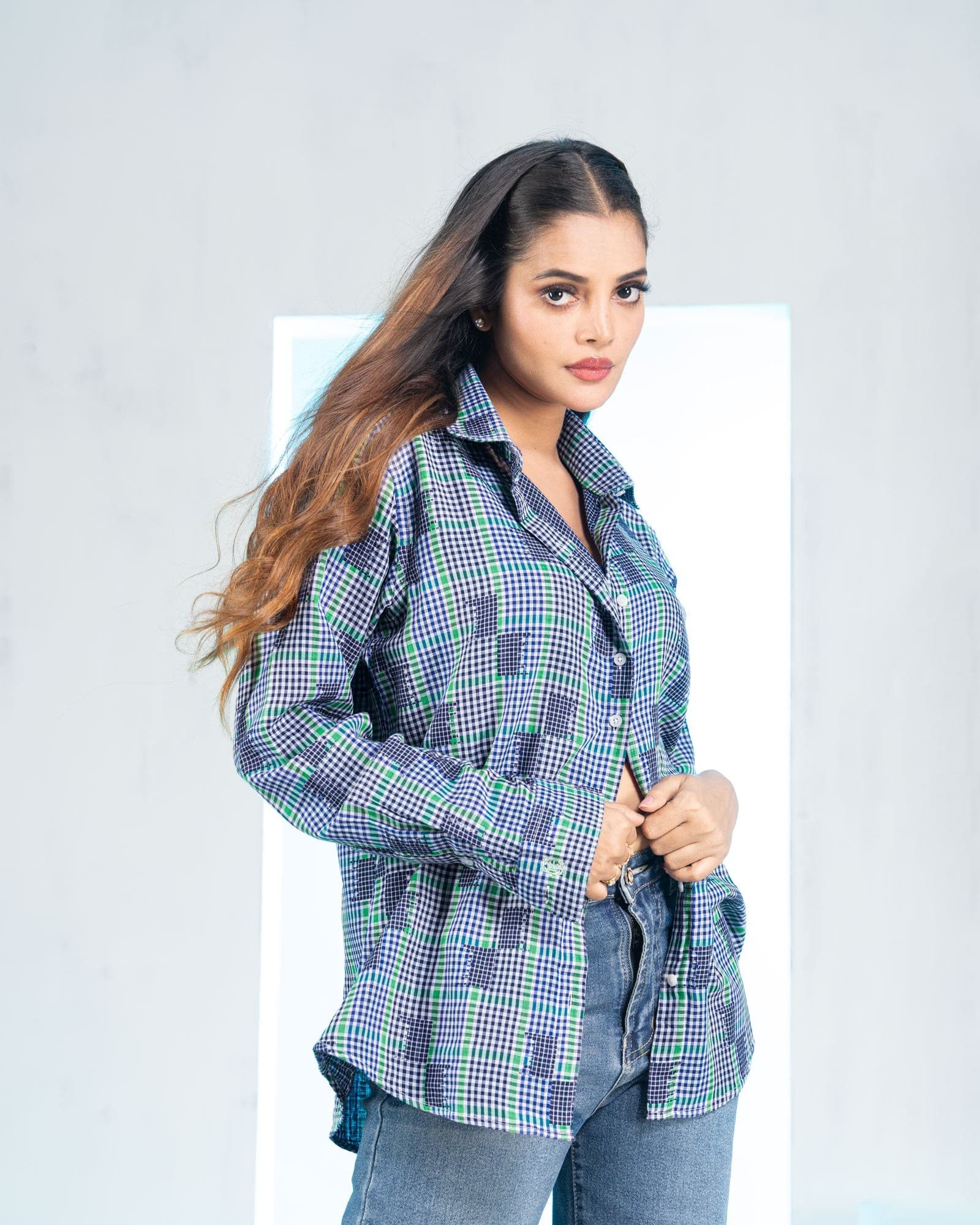 Elan Blue Check Linen Women Shirt
