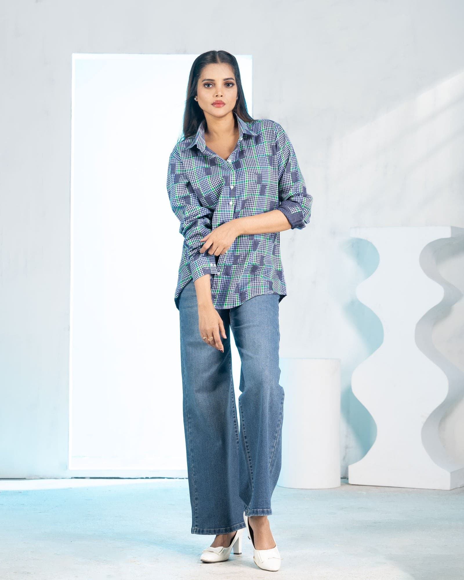 Elan Blue Check Linen Women Shirt