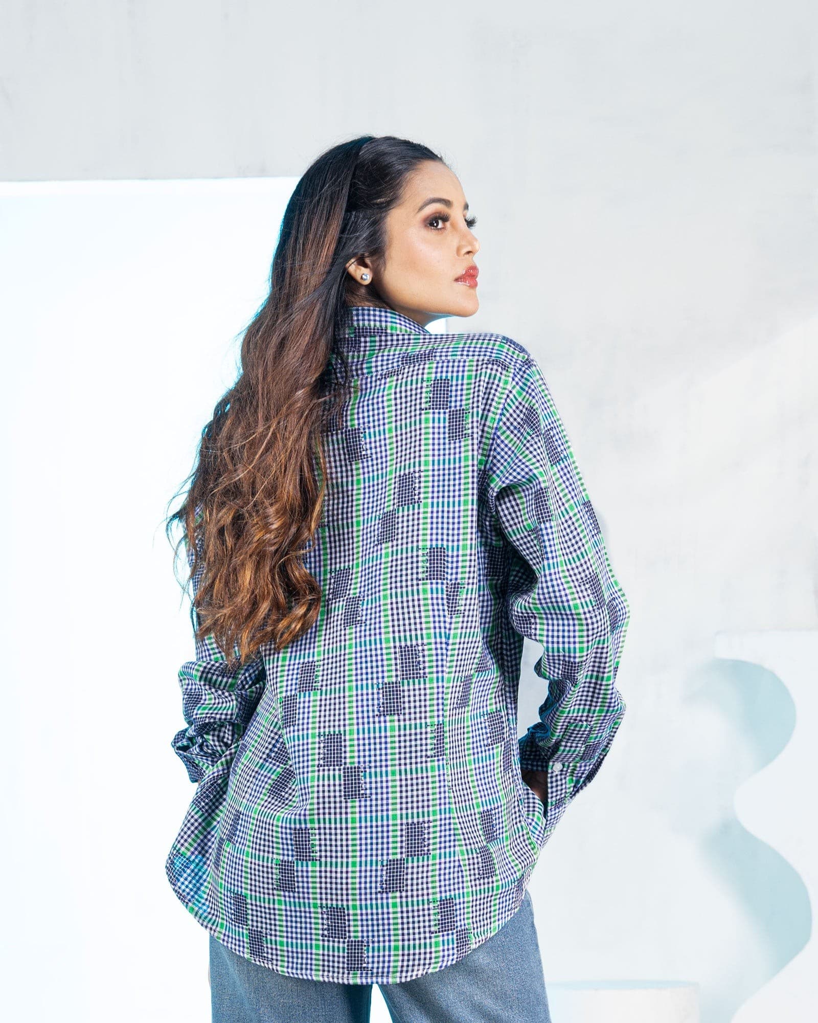 Elan Blue Check Linen Women Shirt