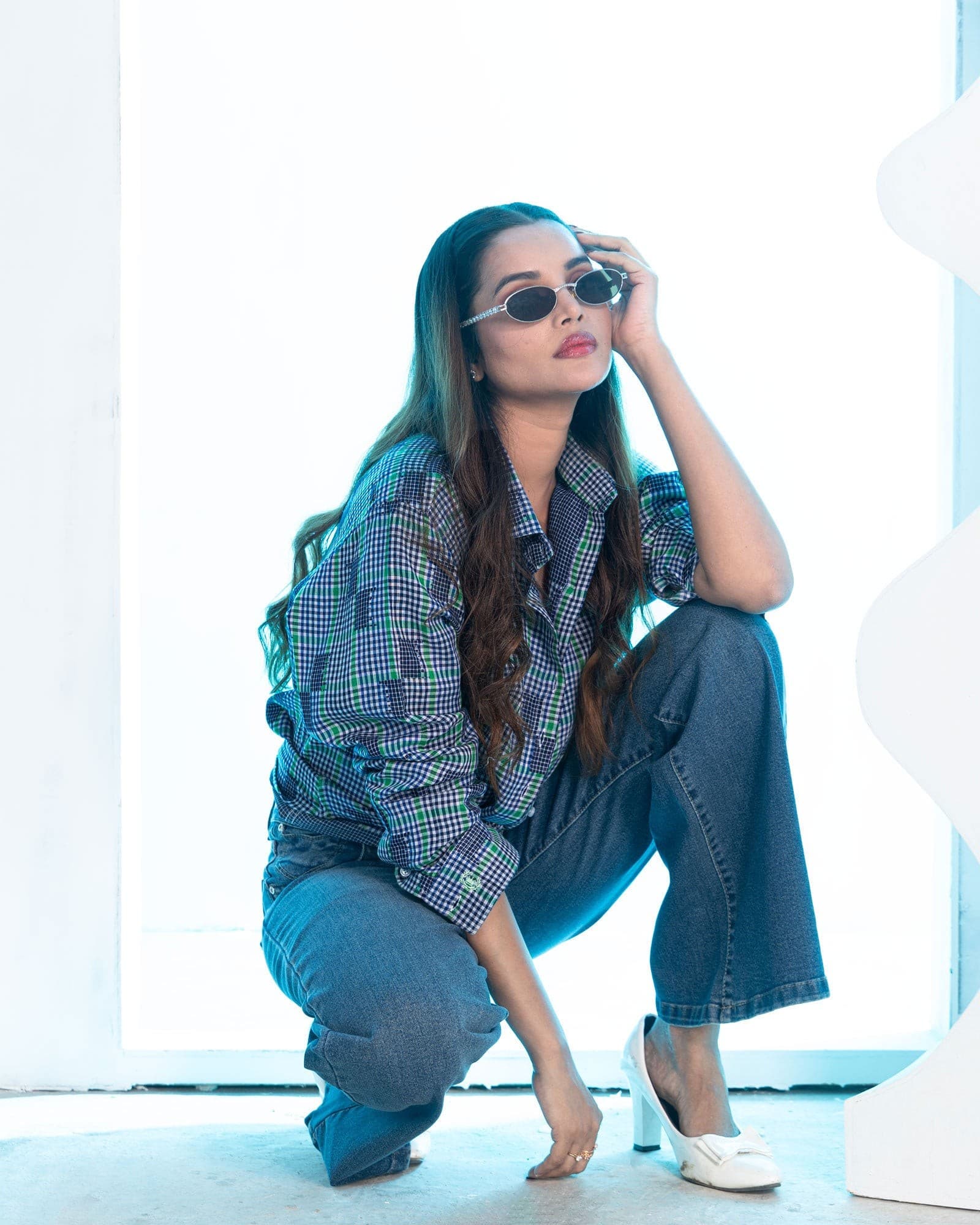 Elan Blue Check Linen Women Shirt
