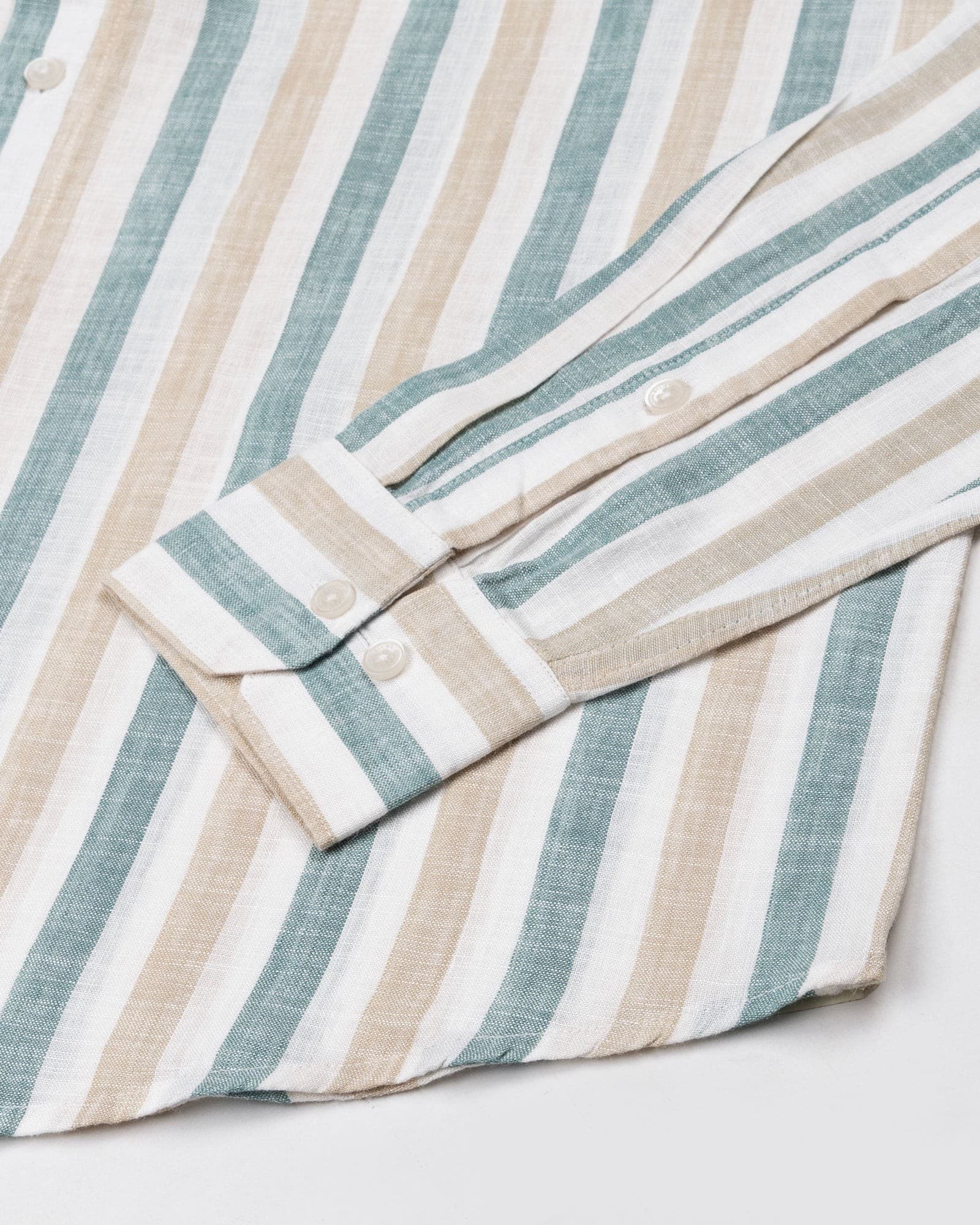 Qevan Beige And Green Stripe Button Down Linen Shirt