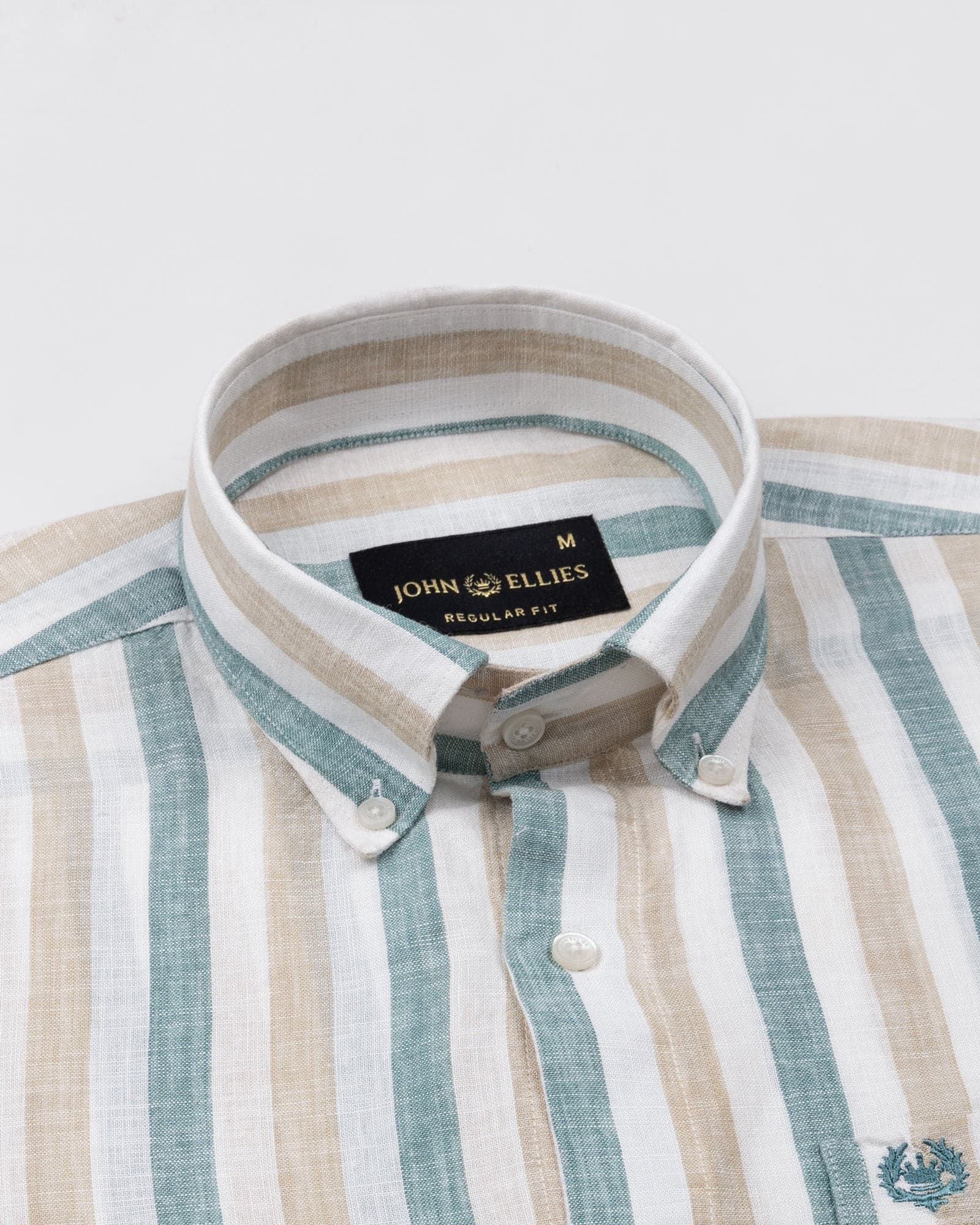 Qevan Beige And Green Stripe Button Down Linen Shirt