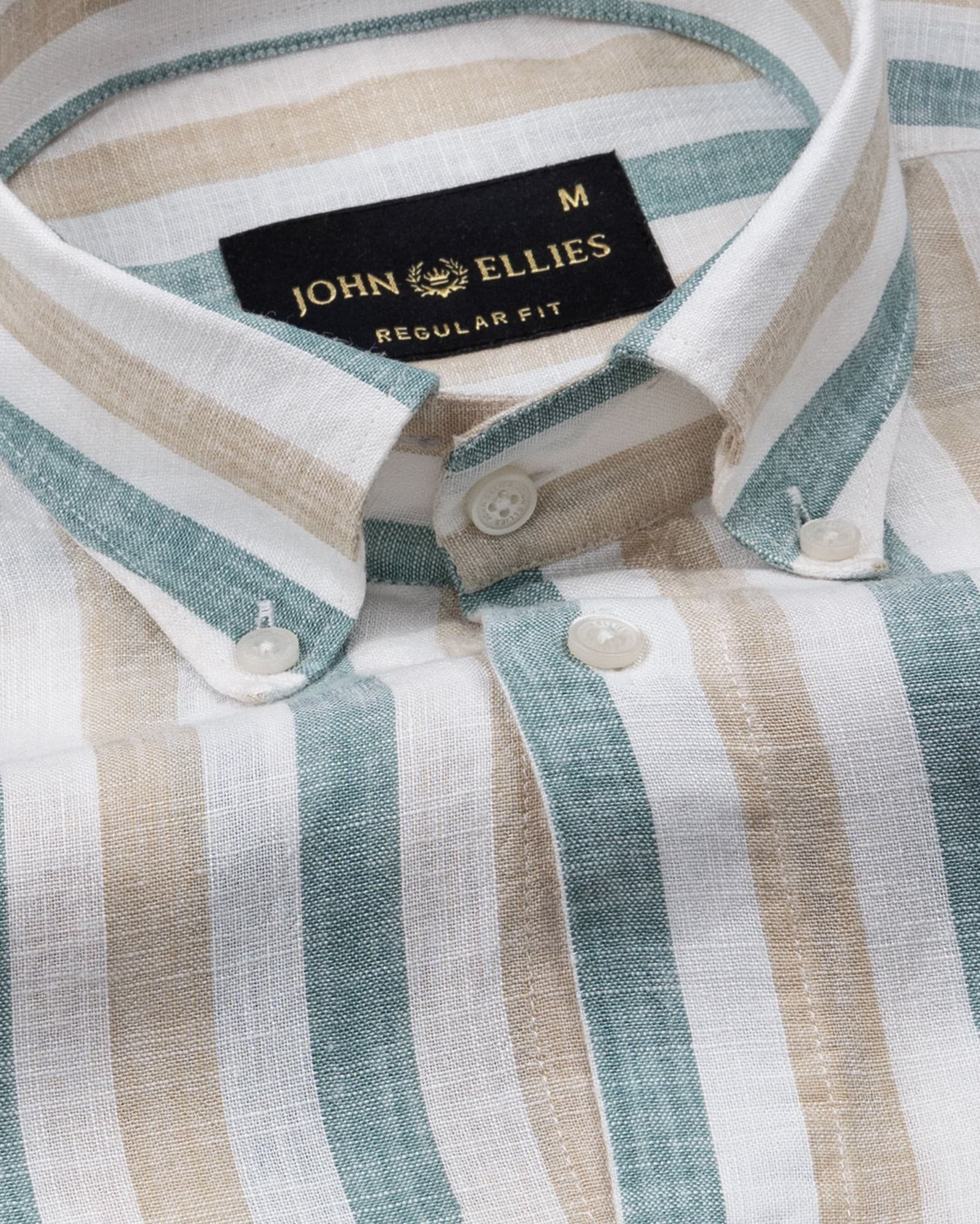 Qevan Beige And Green Stripe Button Down Linen Shirt