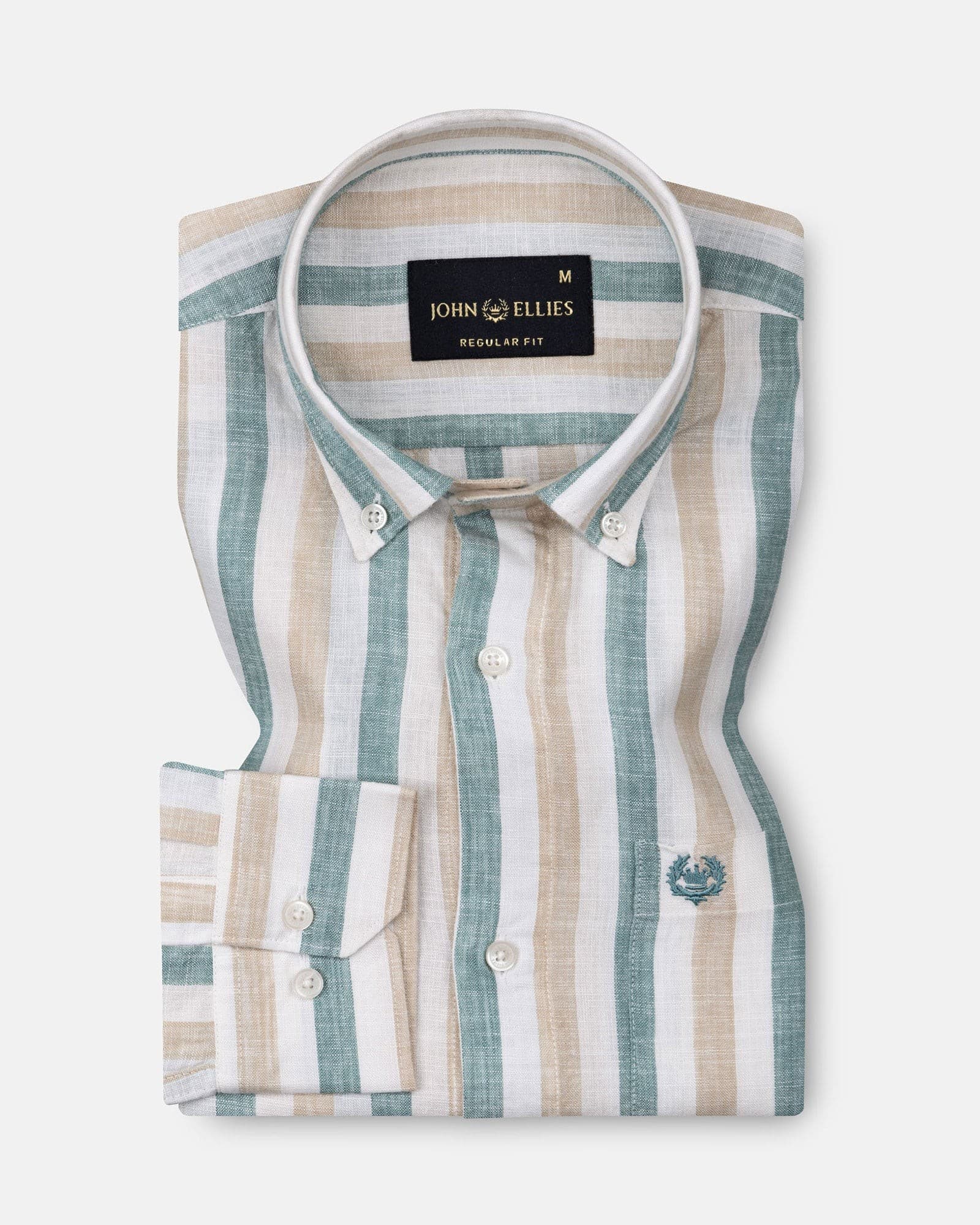 Qevan Beige And Green Stripe Button Down Linen Shirt