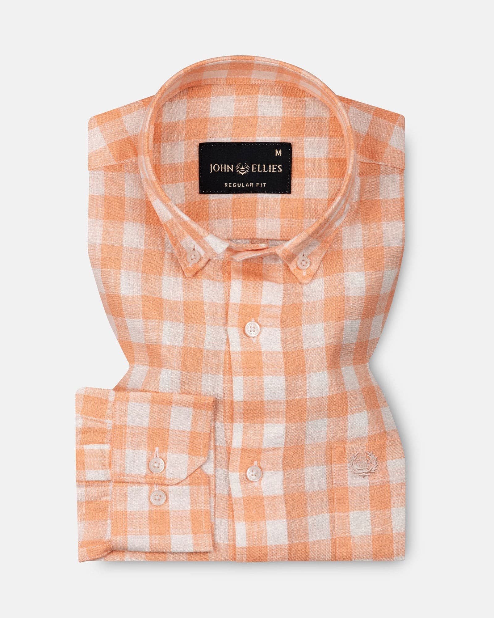Qevan Peach Check Button Down Linen Shirt