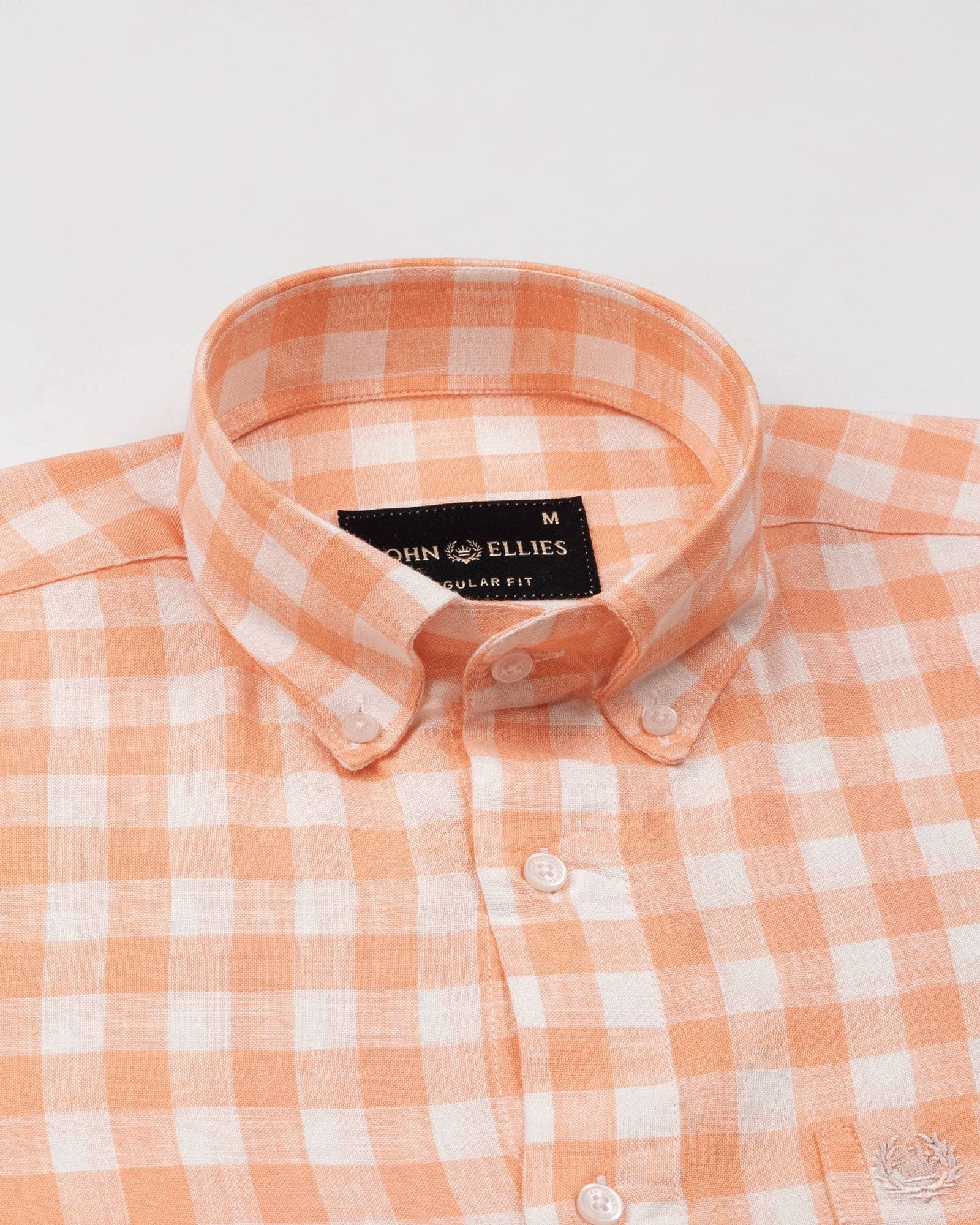 Qevan Peach Check Button Down Linen Shirt