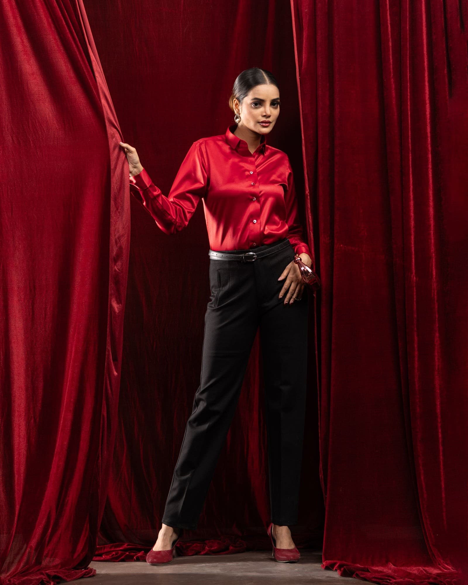 Silhouette Red Plain Satin Women Shirt