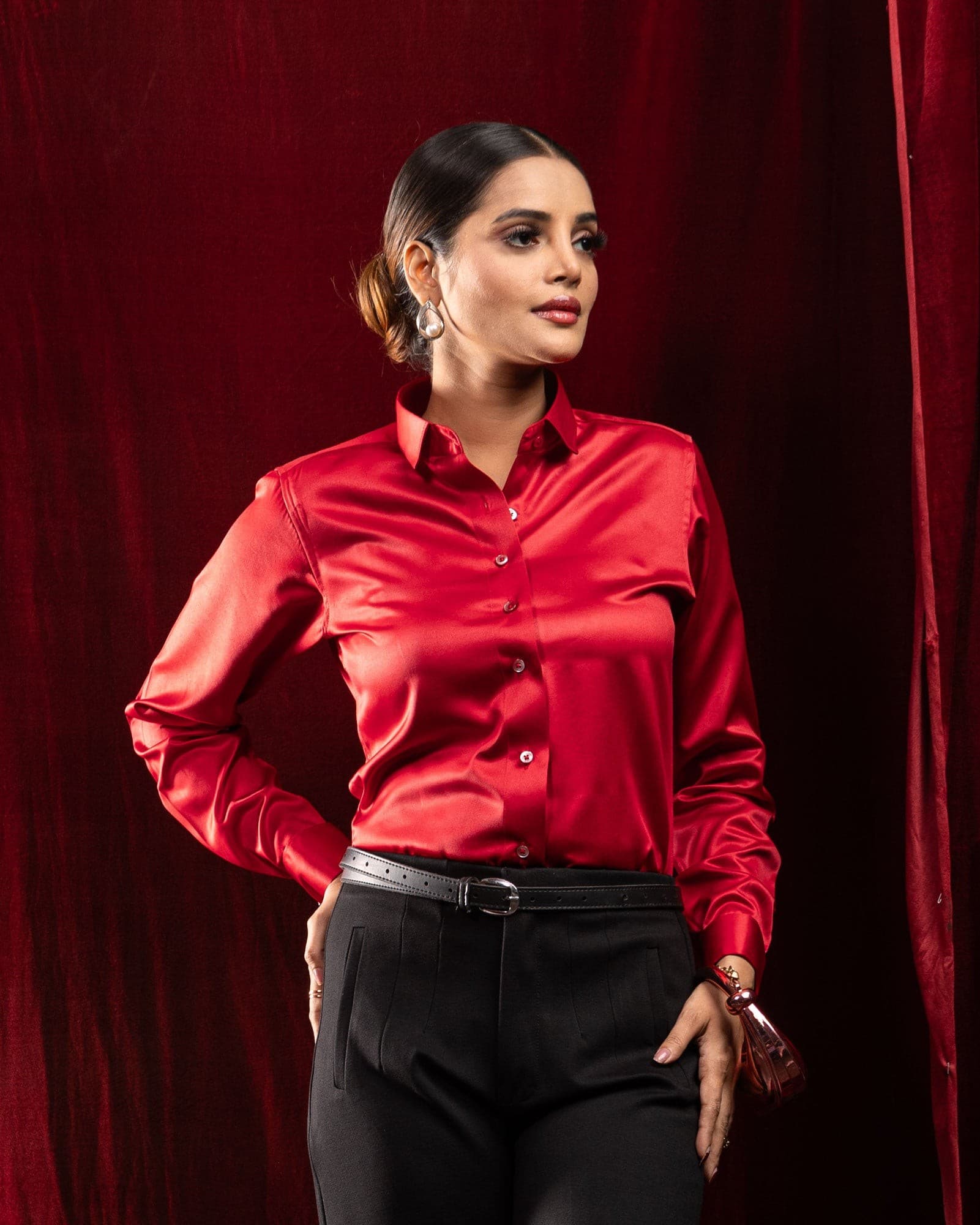 Silhouette Red Plain Satin Women Shirt