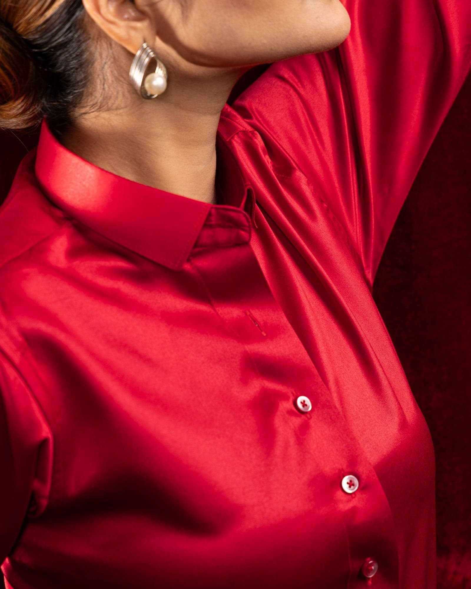 Silhouette Red Plain Satin Women Shirt