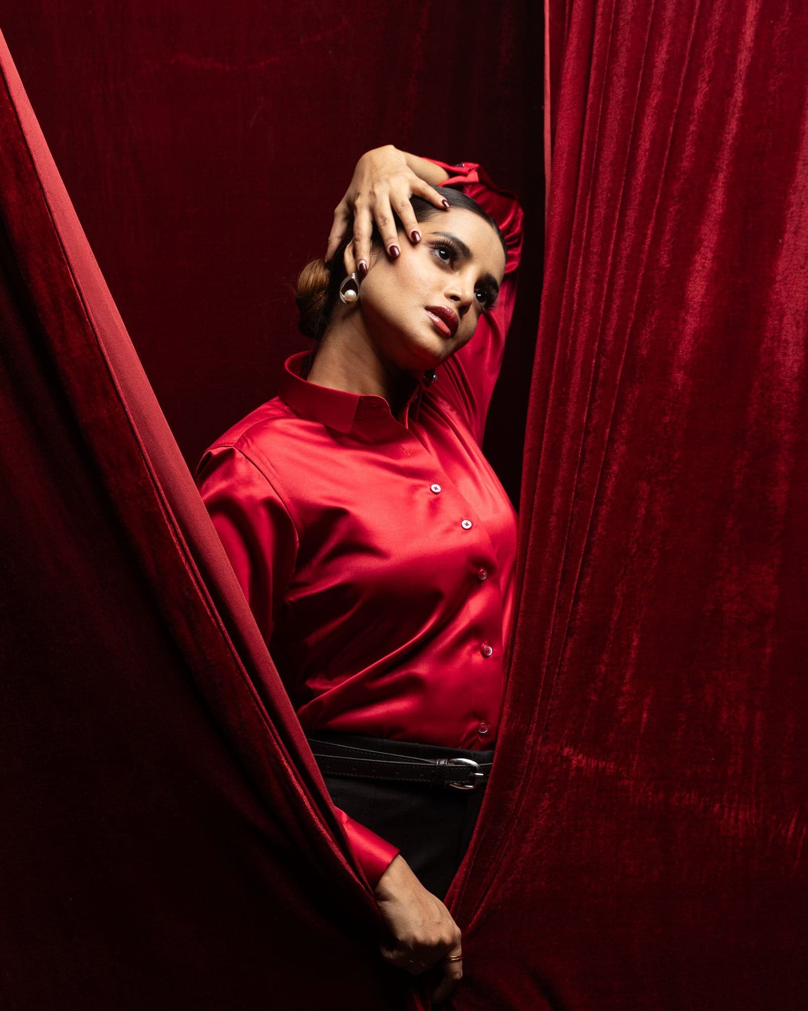 Silhouette Red Plain Satin Women Shirt