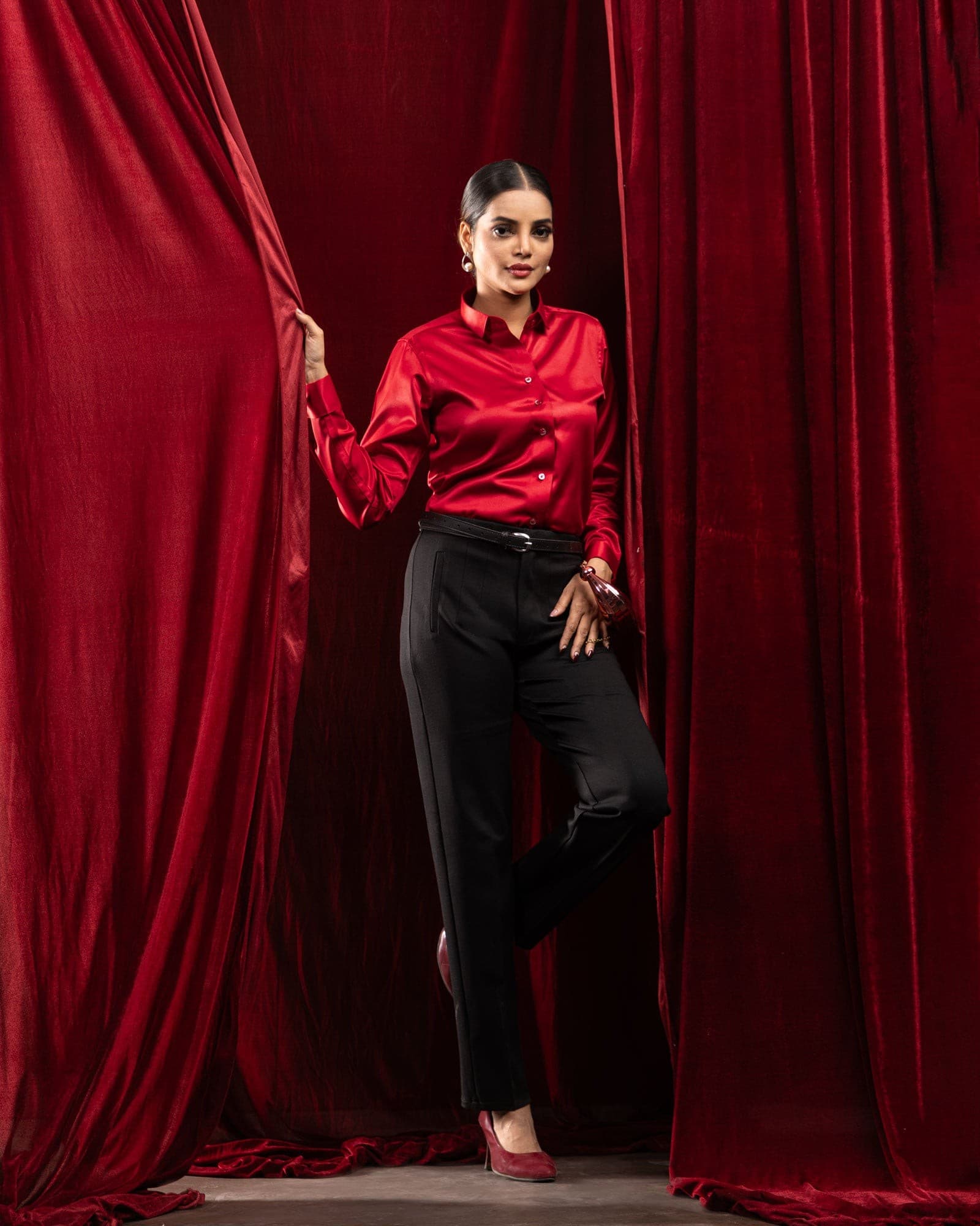 Silhouette Red Plain Satin Women Shirt