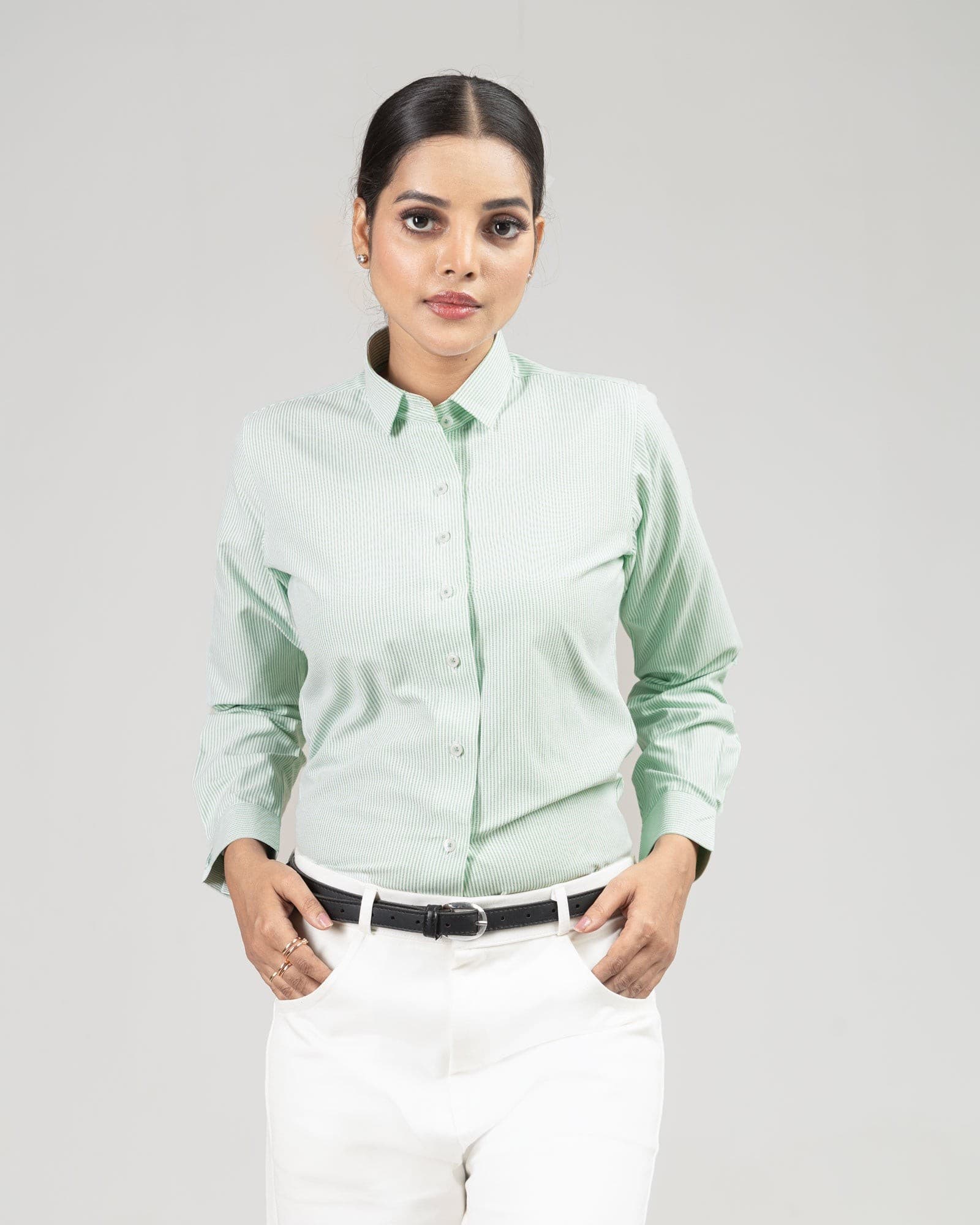 Strata Green Stripes Oxford Cotton Women Shirt