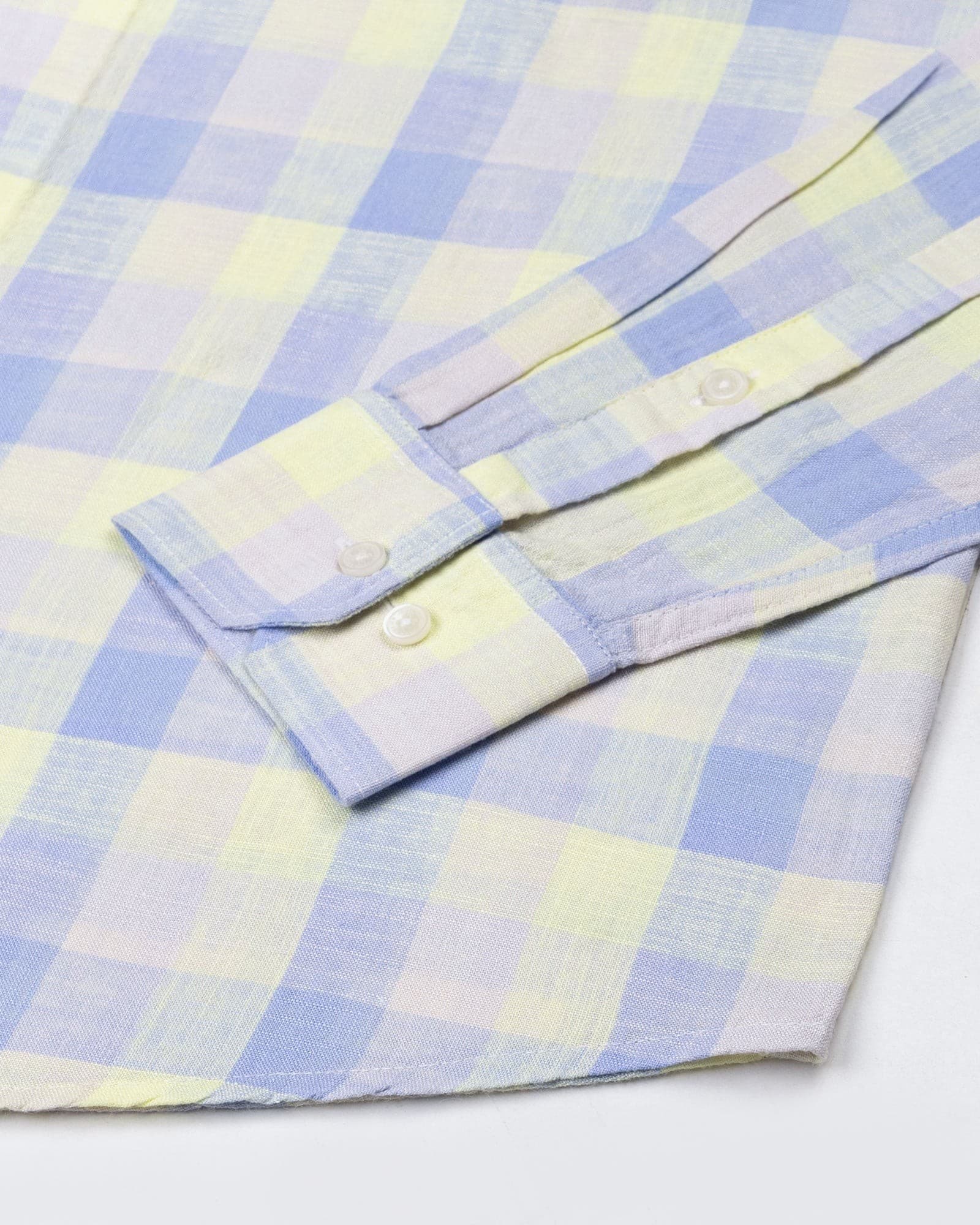 Qevan Sky Blue Check Button Down Linen Shirt
