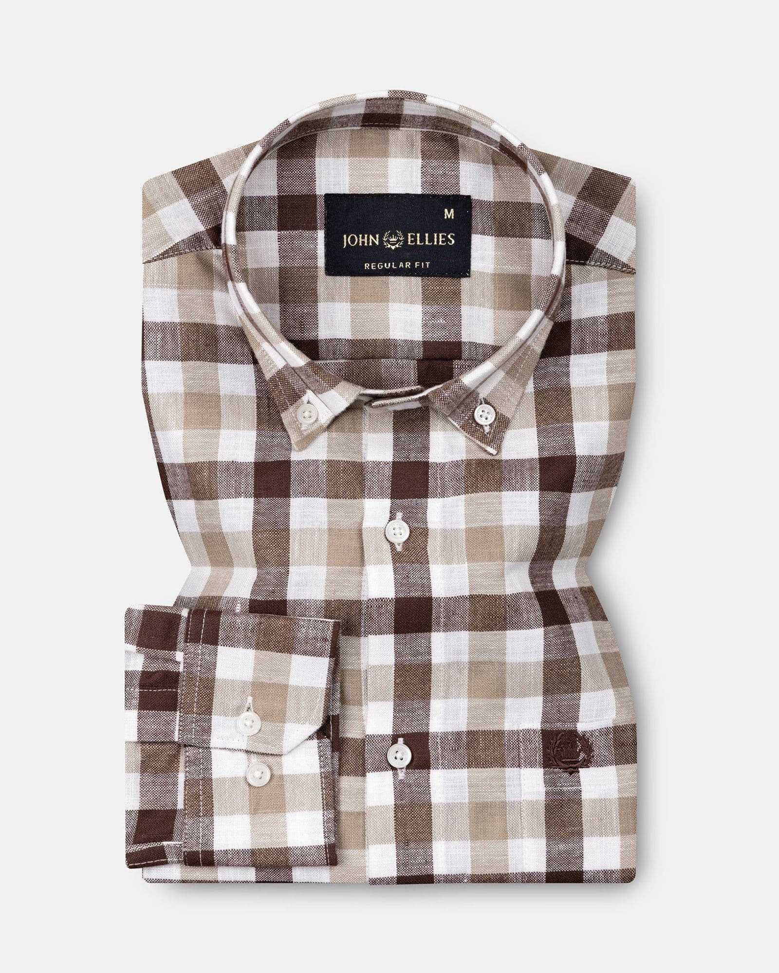 Qevan Brown Check Button Down Linen Shirt