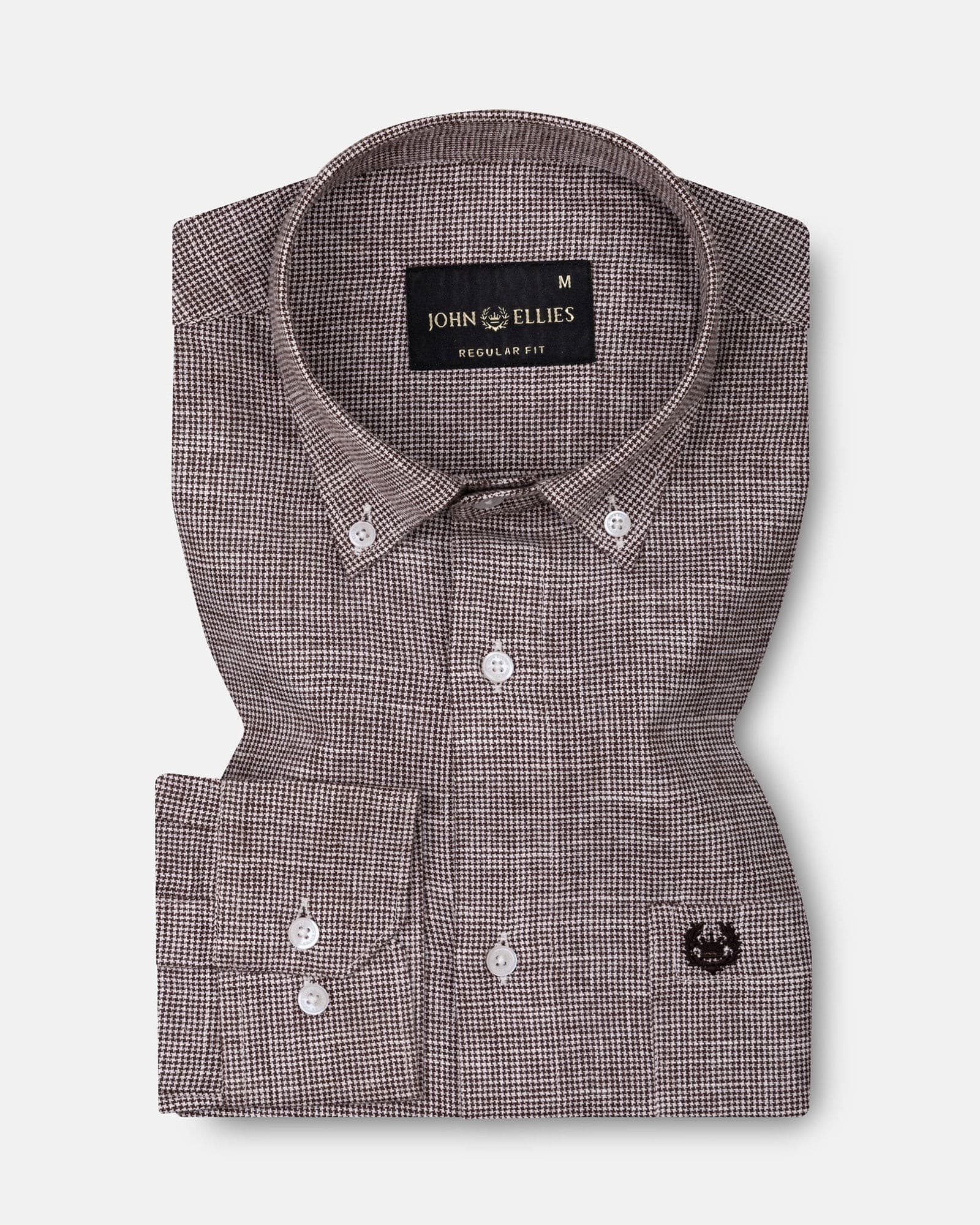 Zinots Brown Houndstooth Check Button Down Linen Shirt