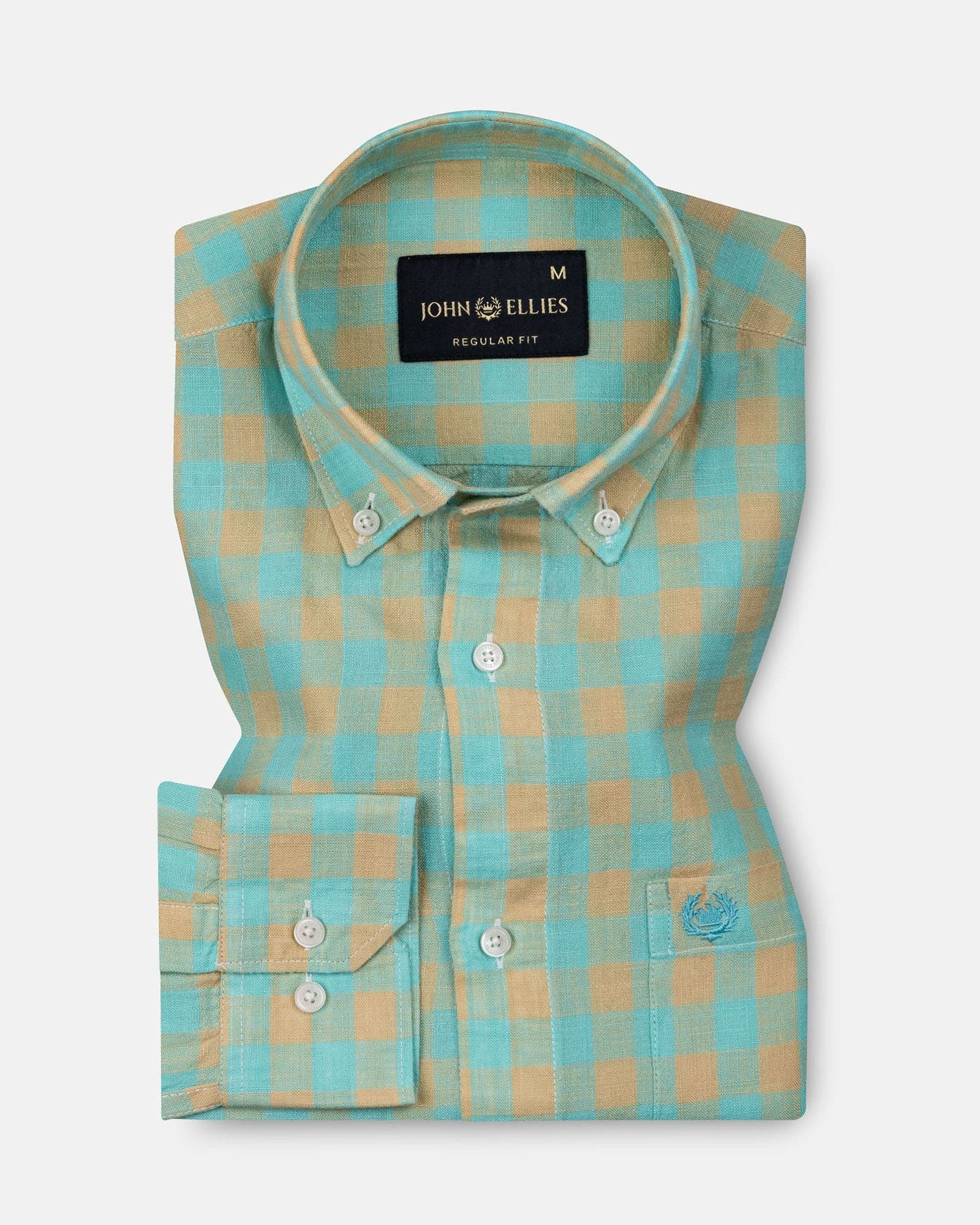 Qevan Lime With Gold Check Button Down Linen Shirt