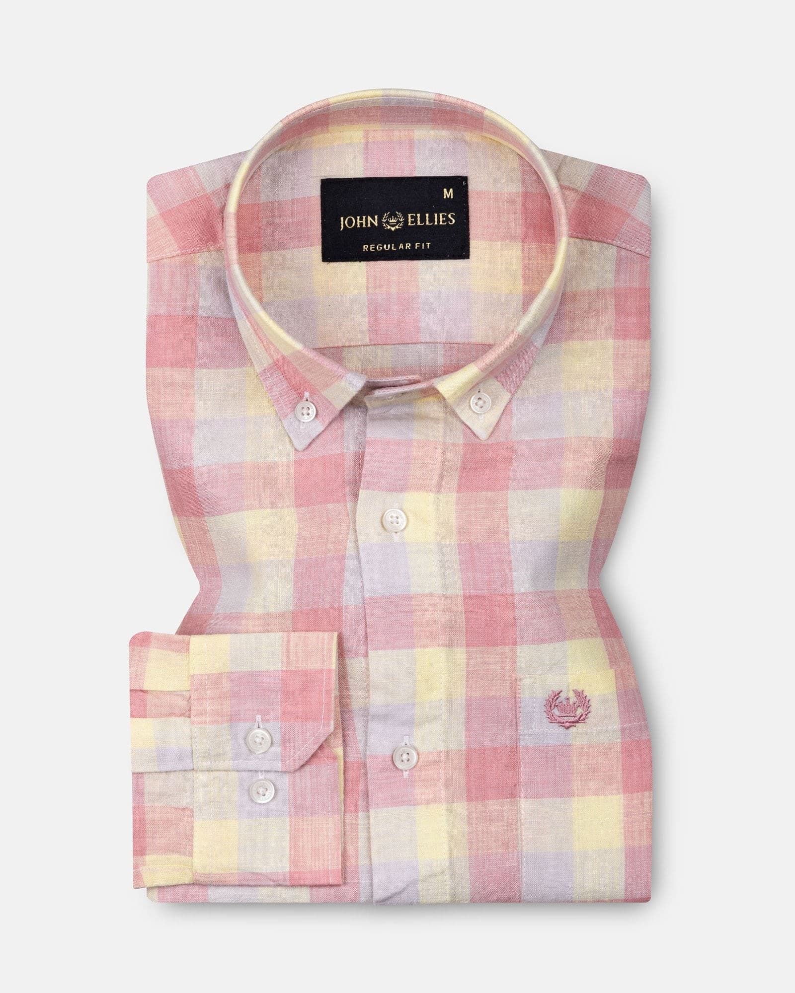 Qevan Pink Check Button Down Linen Shirt