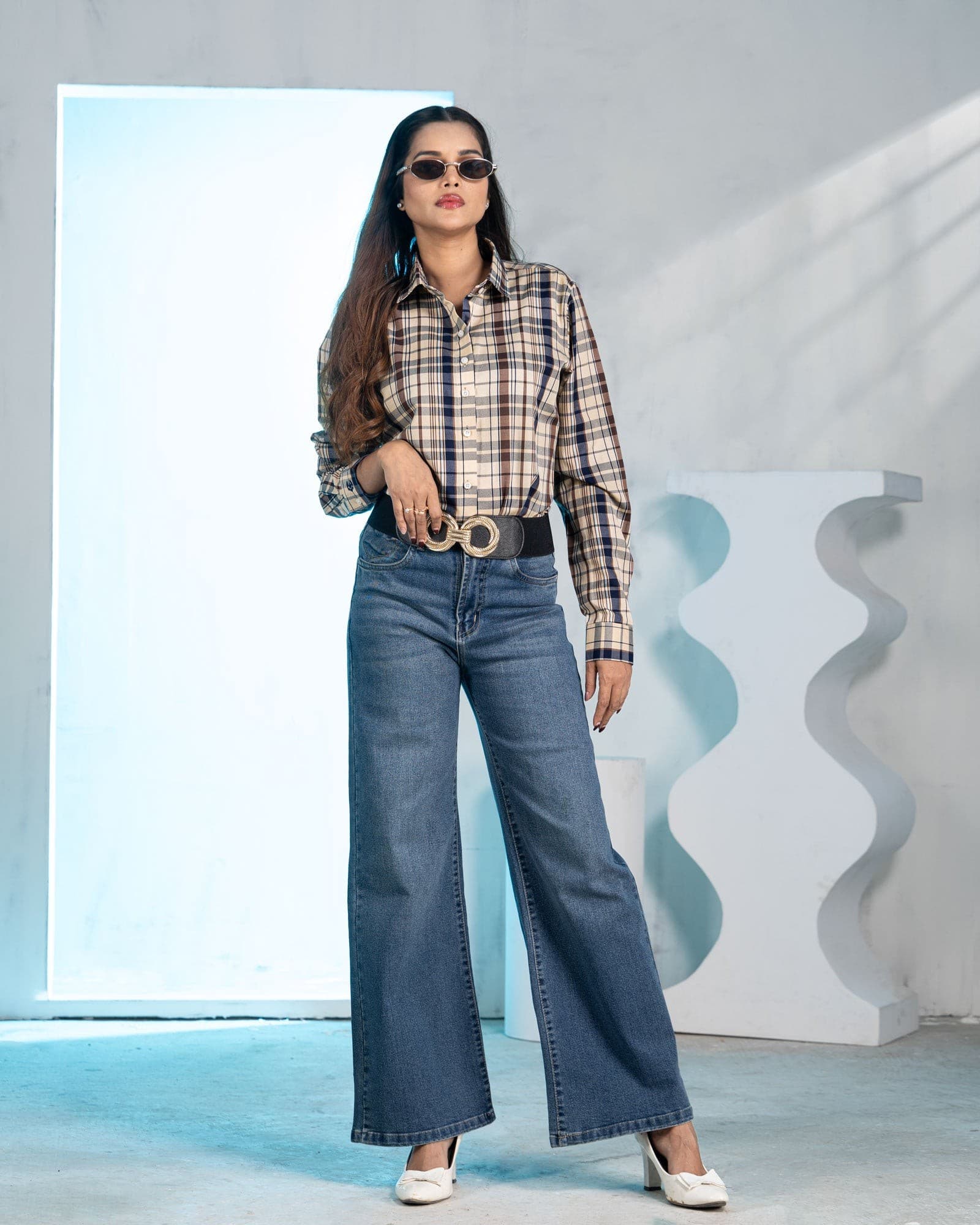 Elan Navy Blue Check Cotton Women Shirt