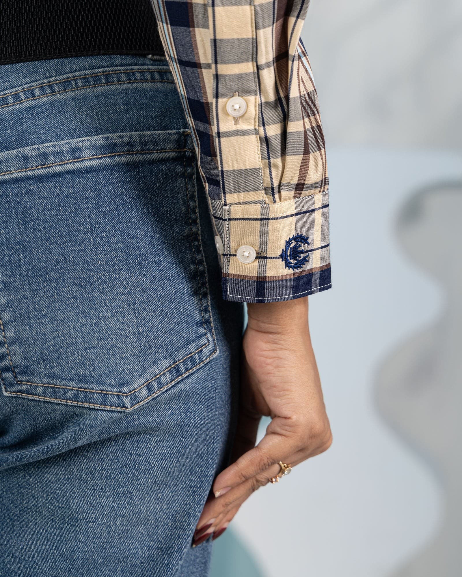 Elan Navy Blue Check Cotton Women Shirt
